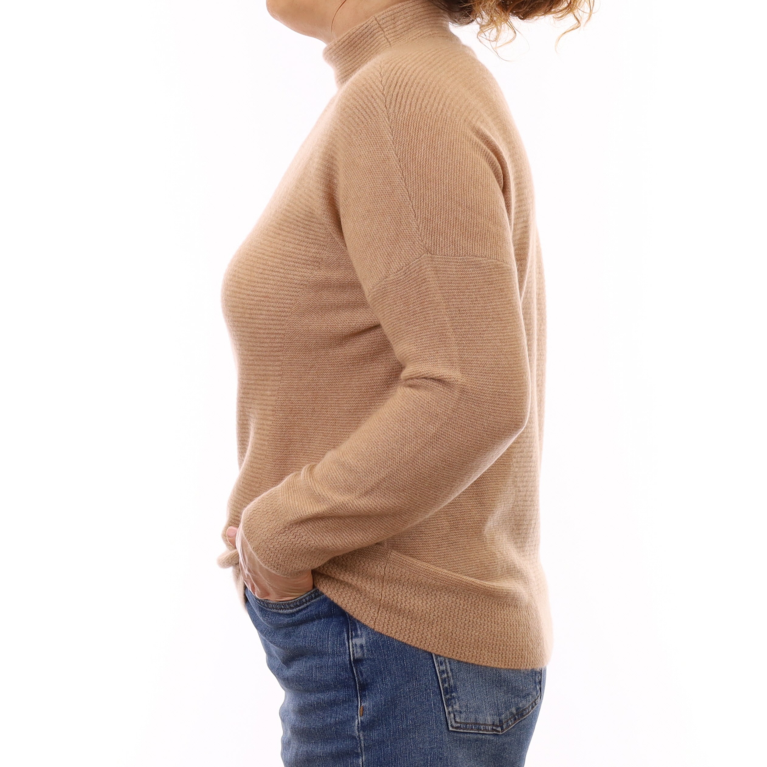 Caramel Rib Cashmere Batwing Funnel Neck Jumper Medium