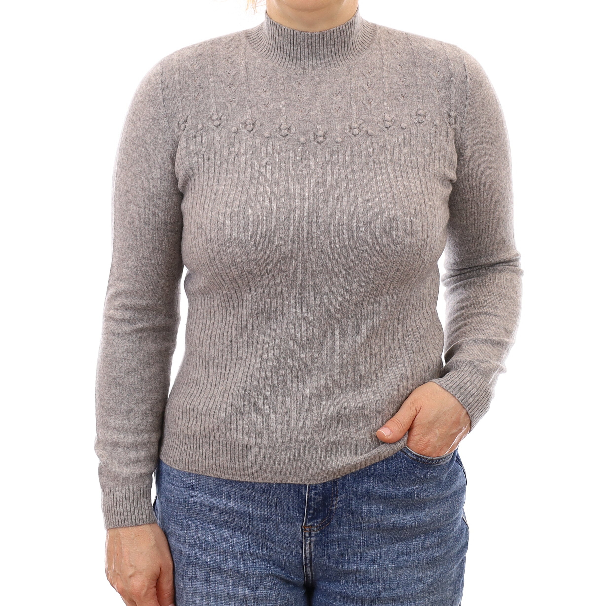 Smoke Grey Textured Front Cashmere Turtleneck Jumper Medium