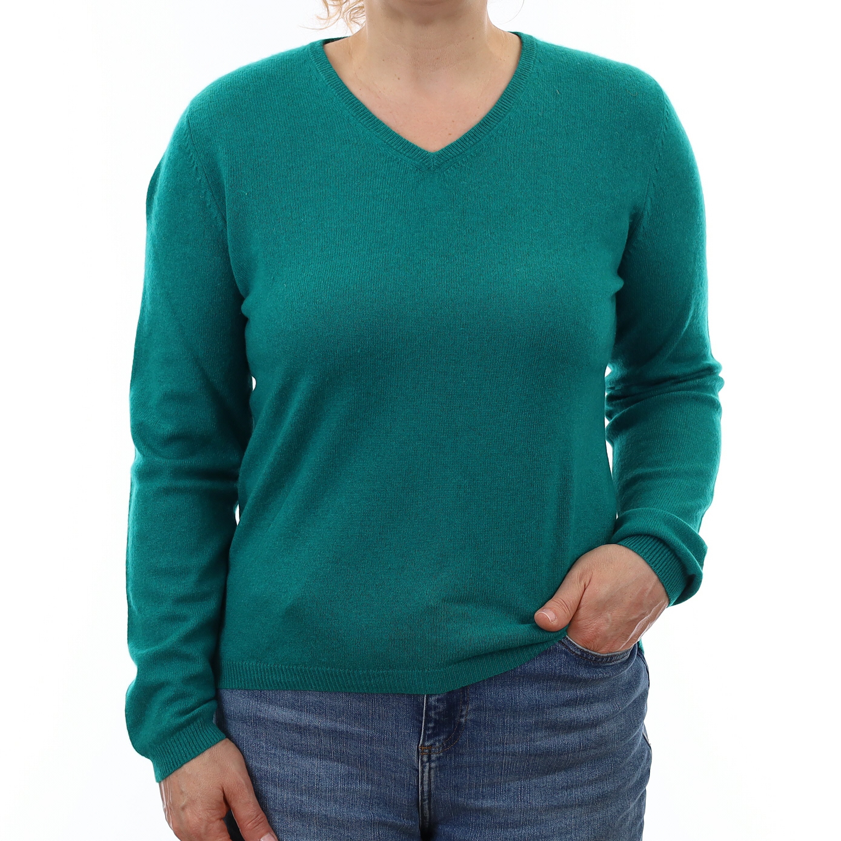 Peacock Green Cashmere V Neck Jumper Medium