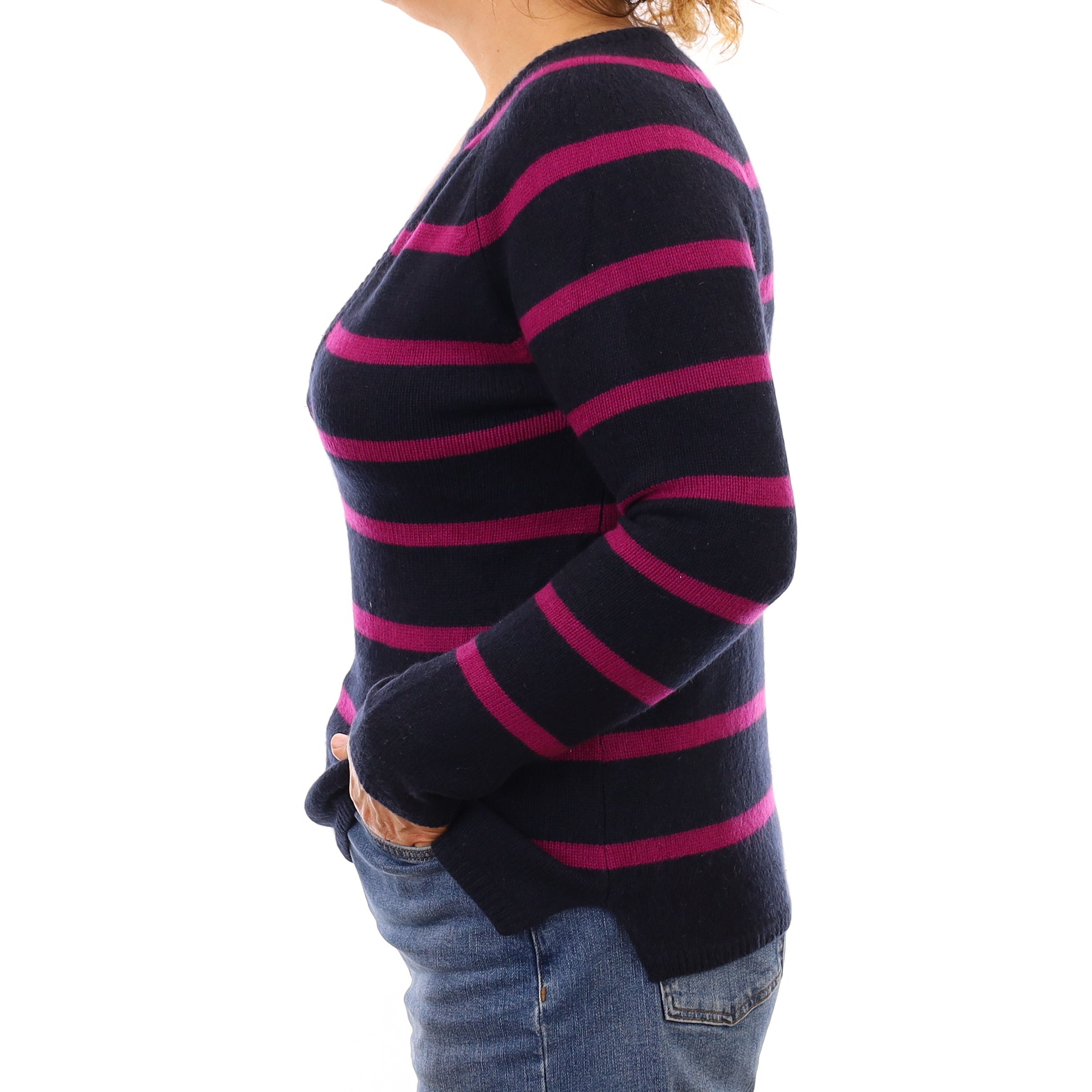 Navy and Magenta Stripe Chunky Cashmere Notch Neck Jumper Medium