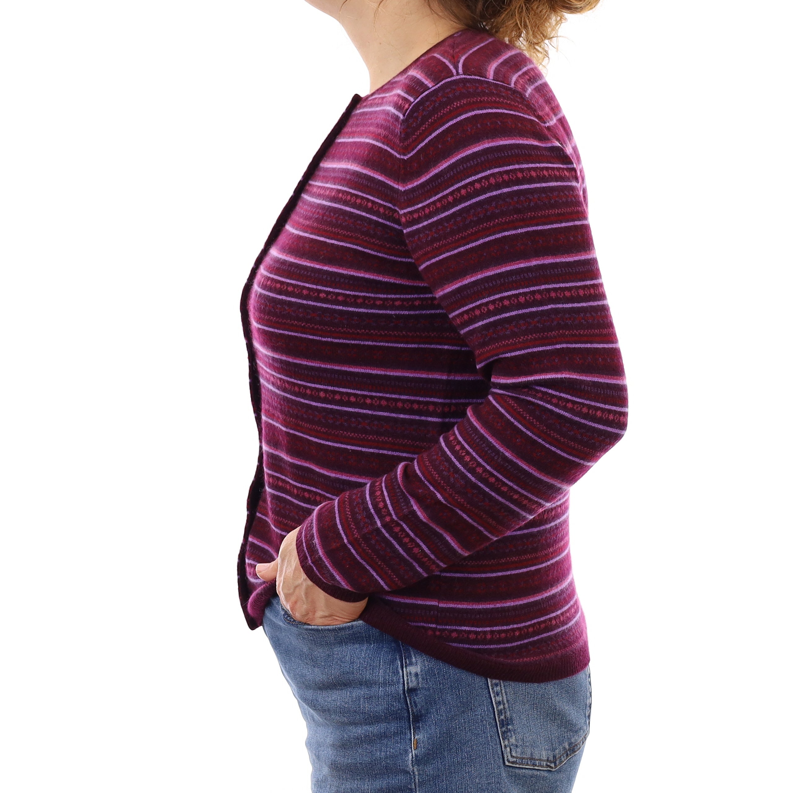 Mulberry Purple Fair Isle Cashmere Crew Neck Cardigan Medium