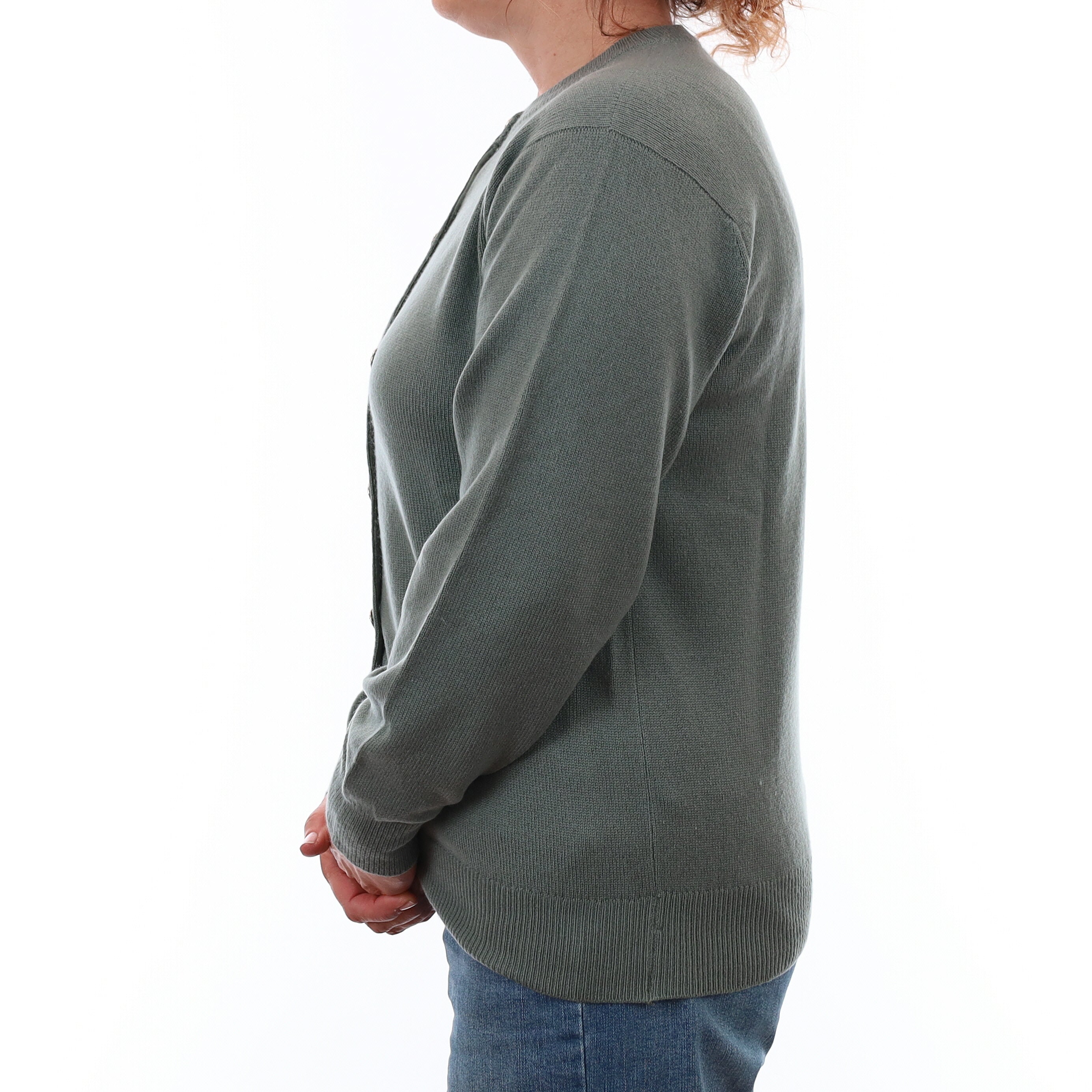 Vintage Scottish Dusky Green Cashmere Crew Neck Cardigan Medium