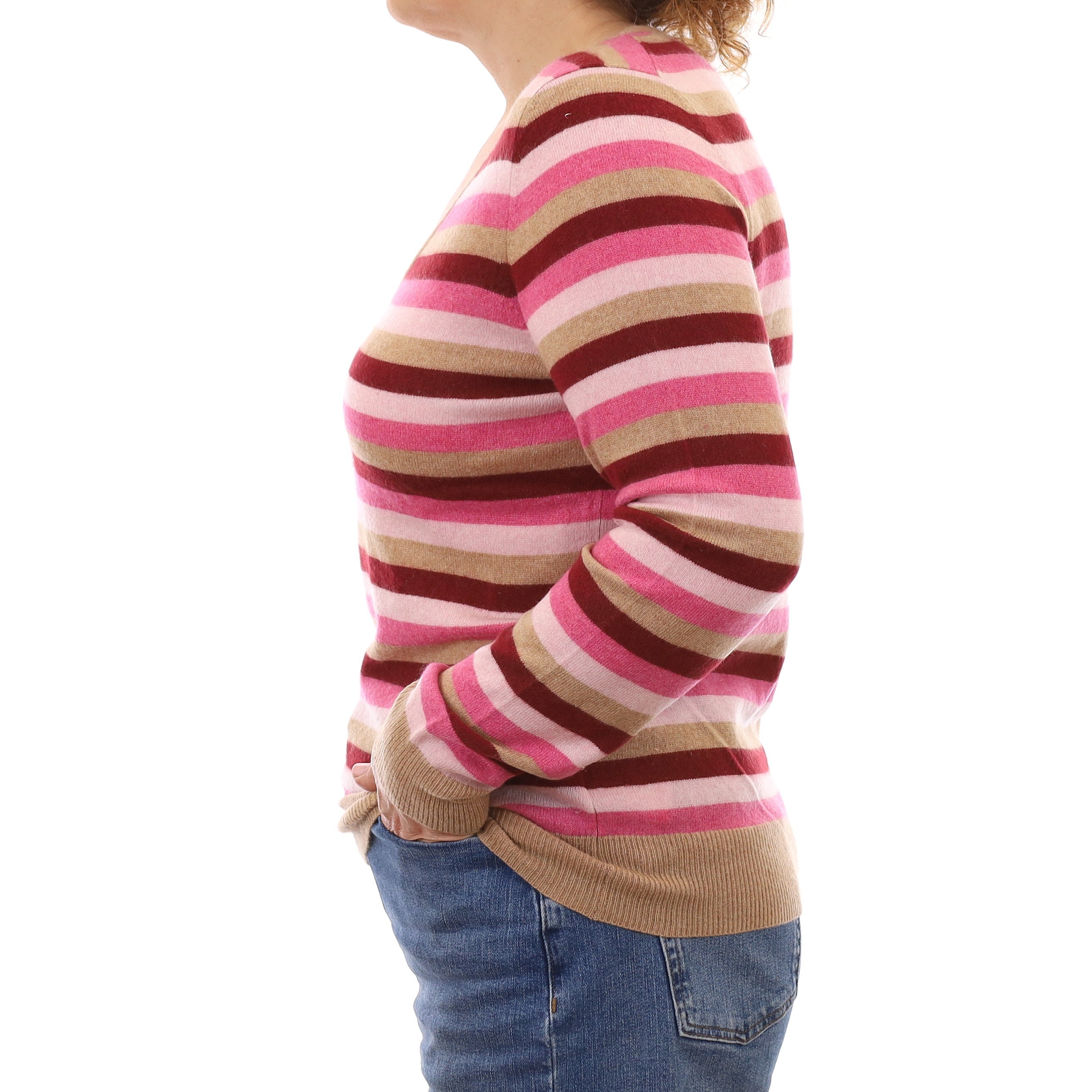 Caramel and Pink Stripe Cashmere V Neck Jumper Medium