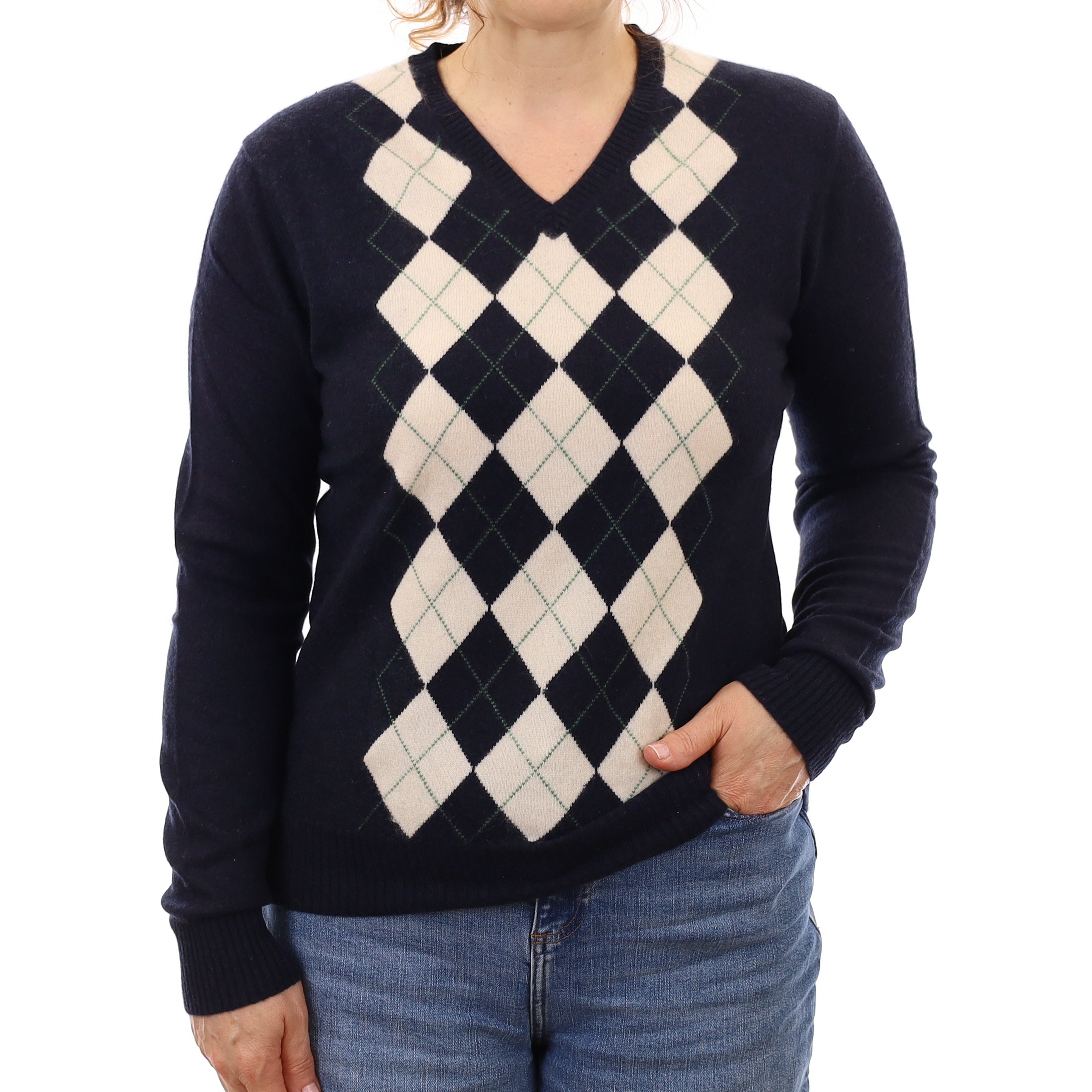 Navy and Ivory Argyle Cashmere V Neck Jumper Medium