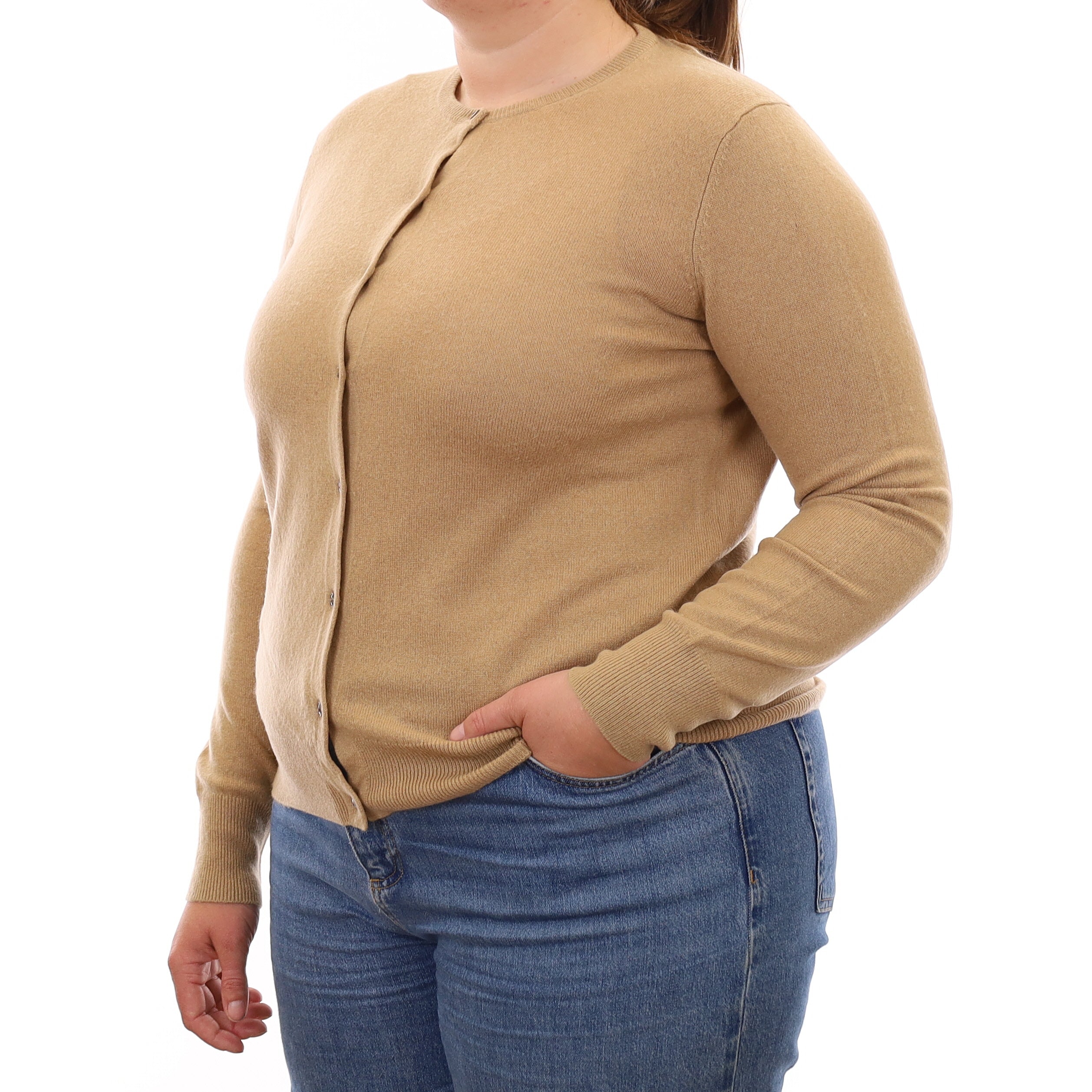 Camel Brown Cashmere Crew Neck Cardigan Large