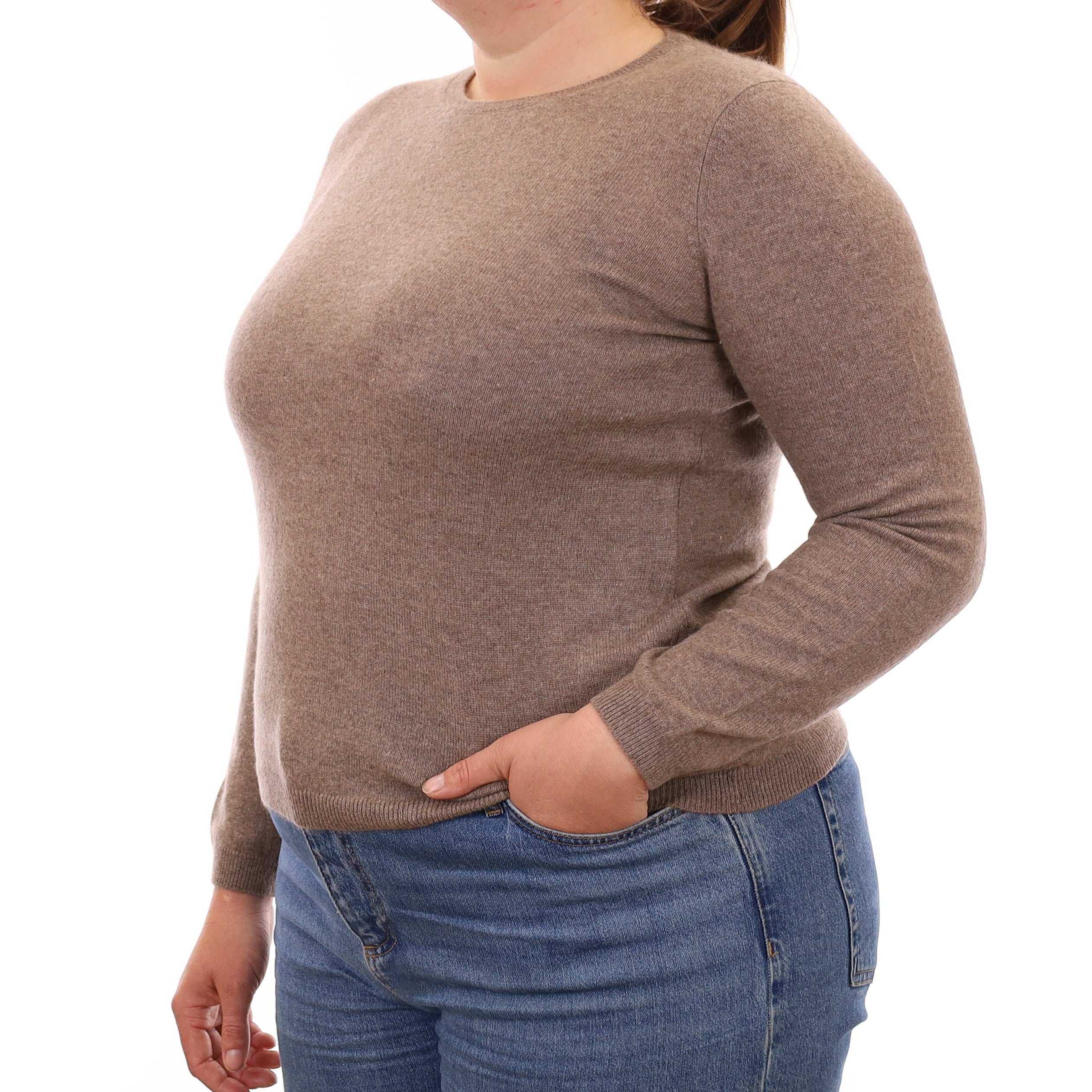 Taupe Brown Cashmere Crew Neck Jumper Large