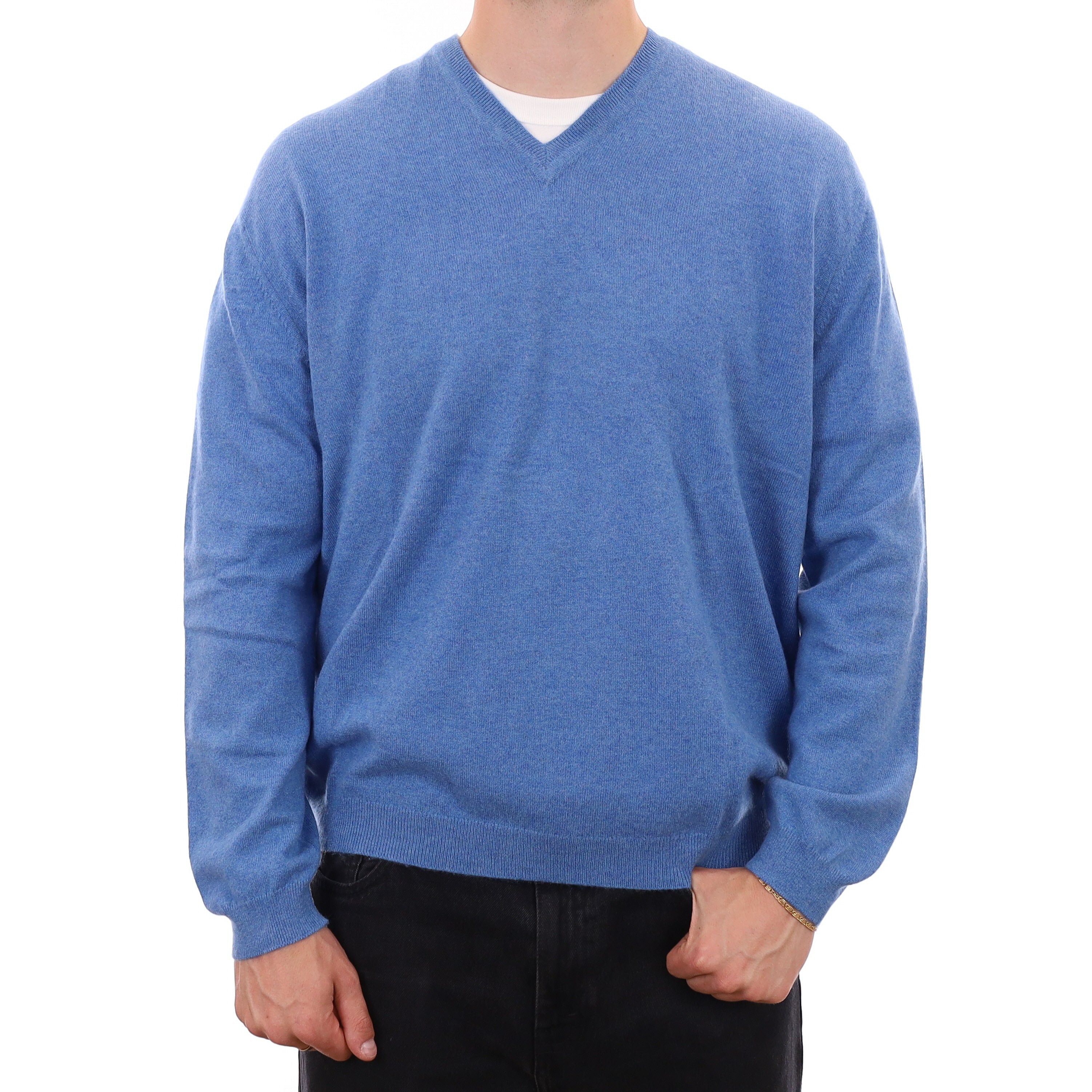Men's Scottish Mediterranean Blue Cashmere V Neck Jumper XXL