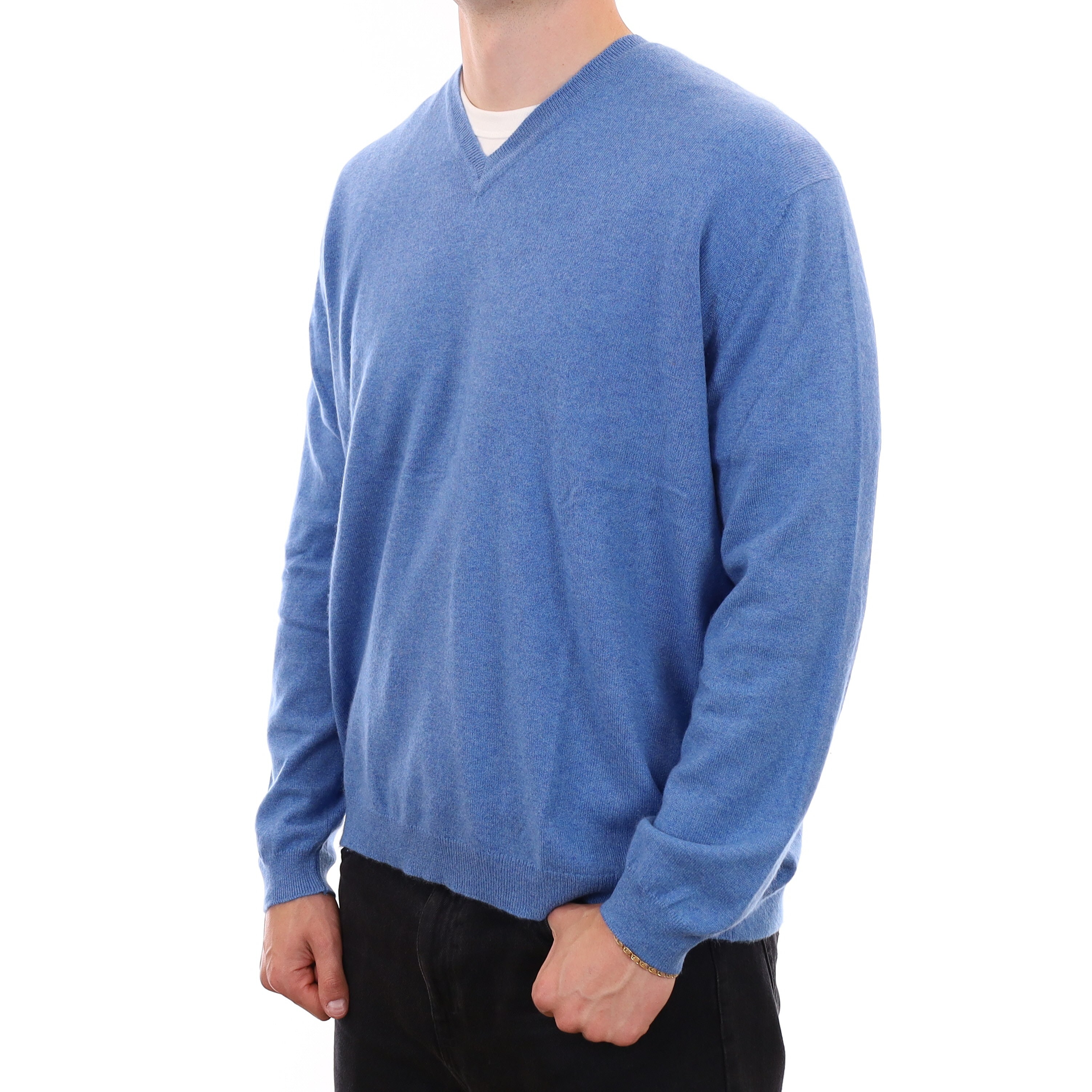 Men's Scottish Mediterranean Blue Cashmere V Neck Jumper XXL