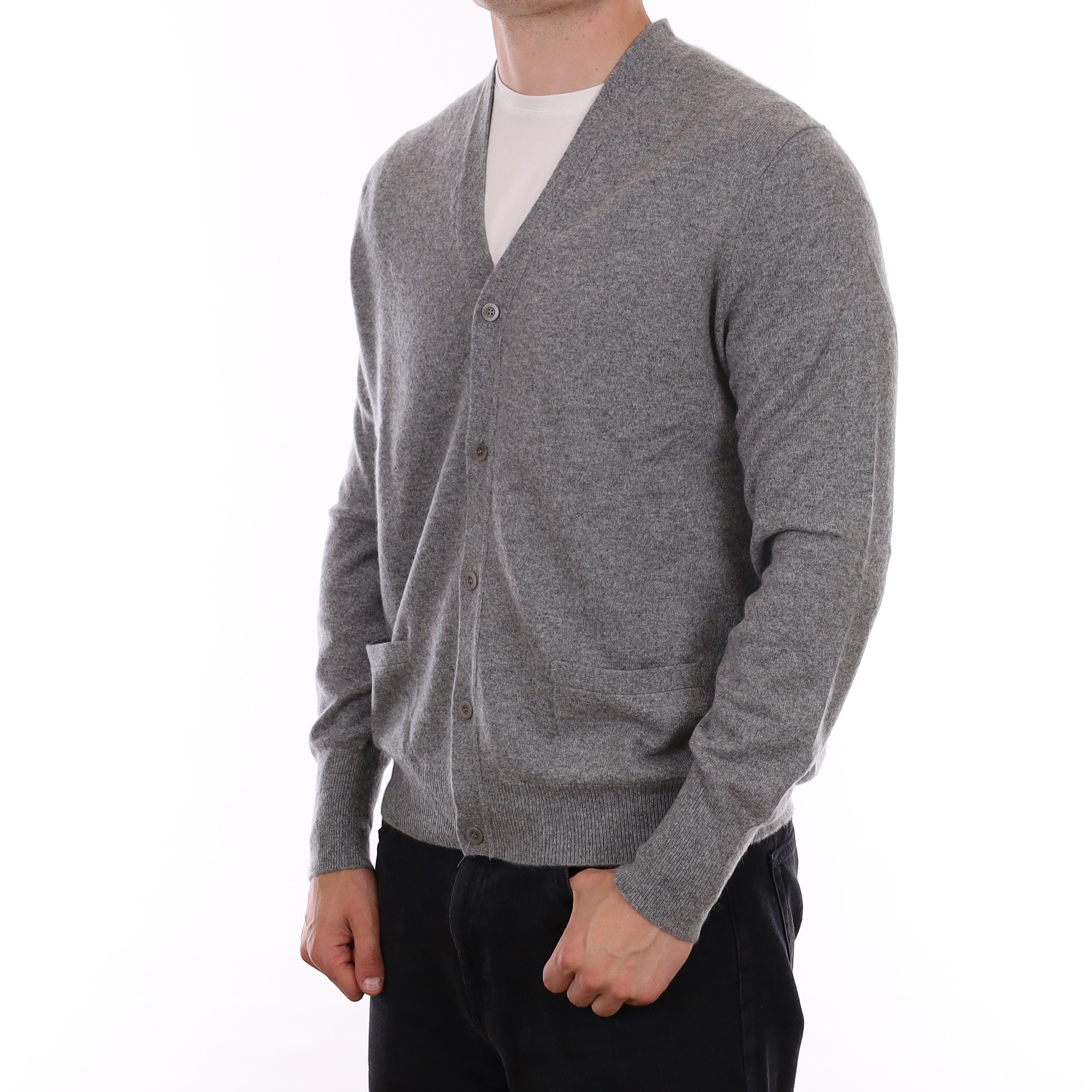 Men's Ash Grey Cashmere V Neck Cardigan with Pockets XL
