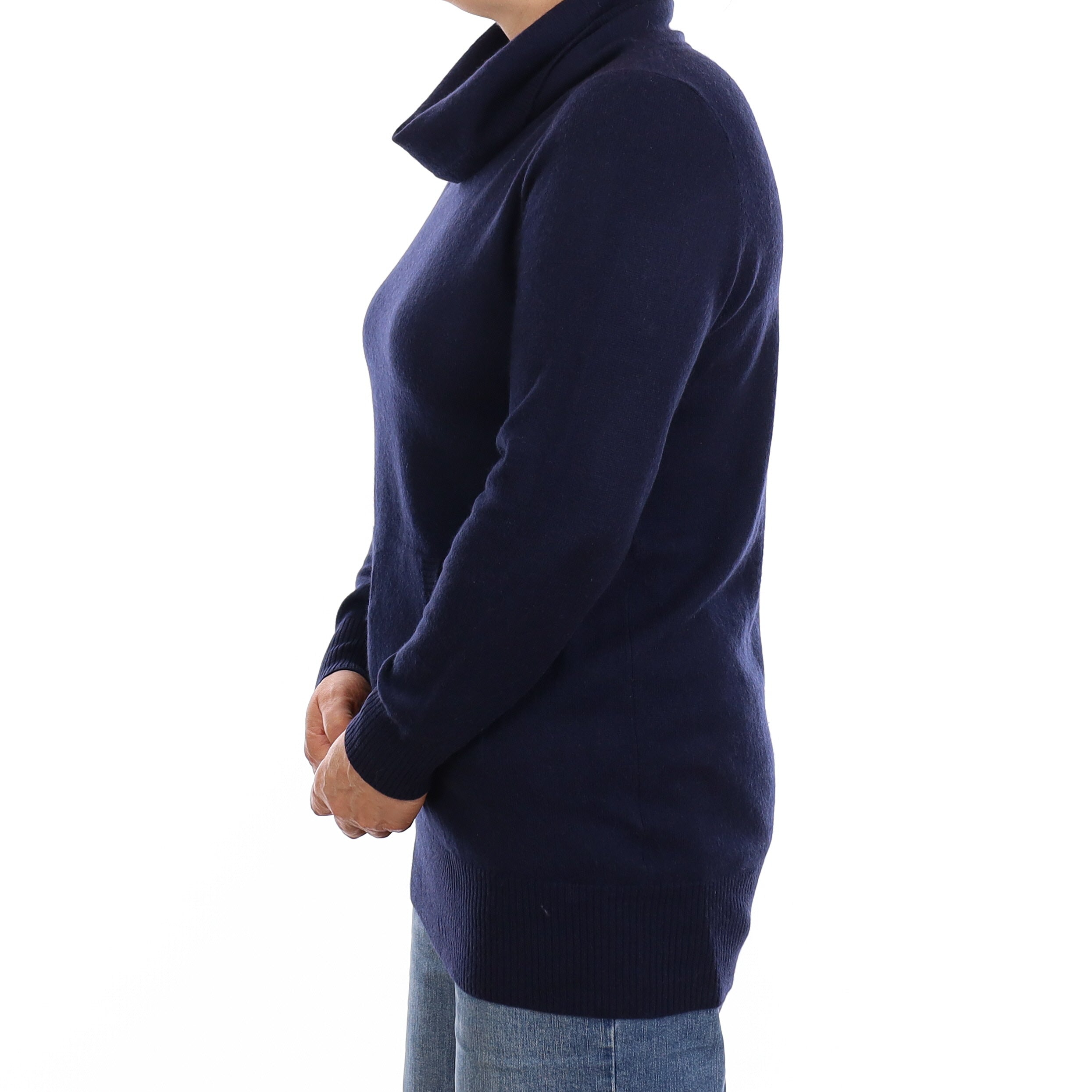 Navy Cashmere Longline Polo Neck Jumper with Pouch Pocket Medium