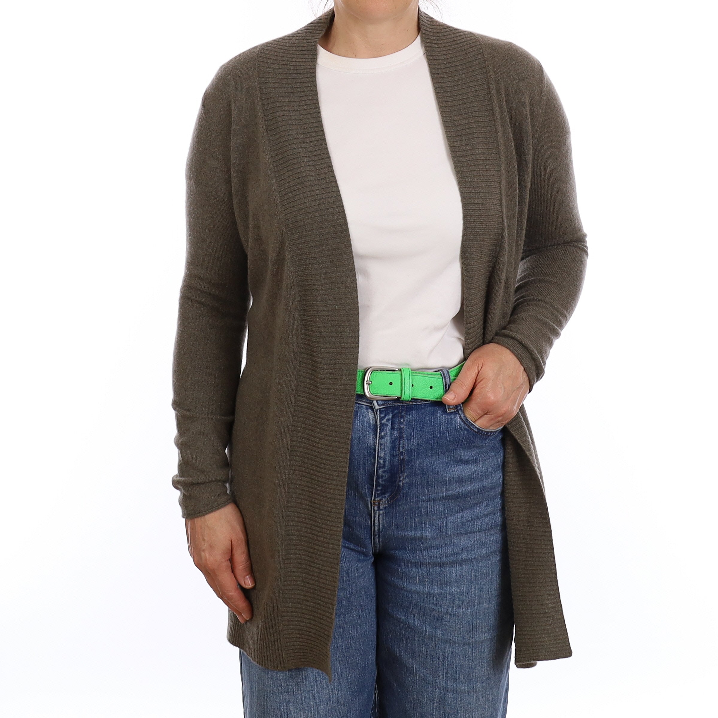 Khaki Green Cashmere Edge to Edge Cardigan Medium