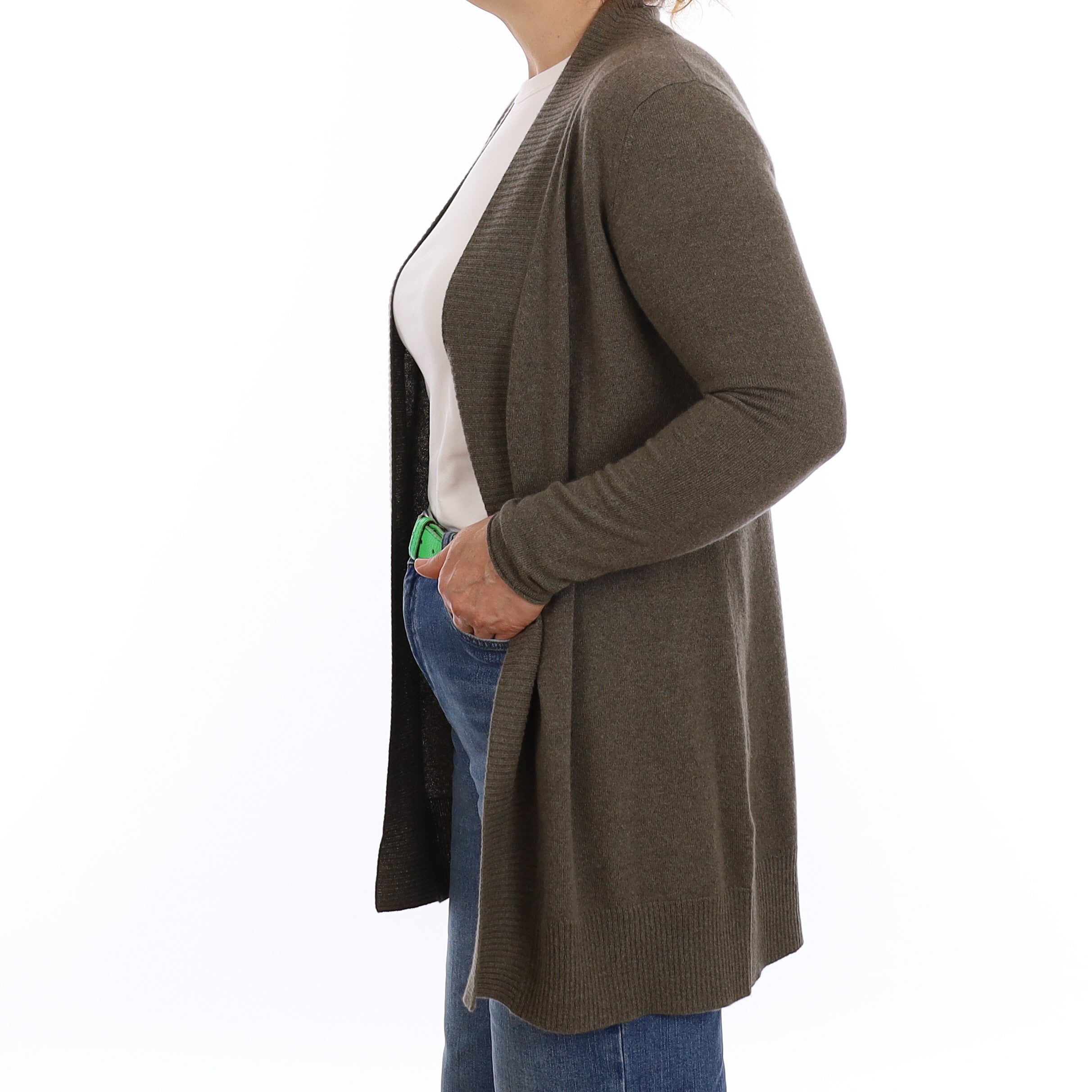 Khaki Green Cashmere Edge to Edge Cardigan Medium