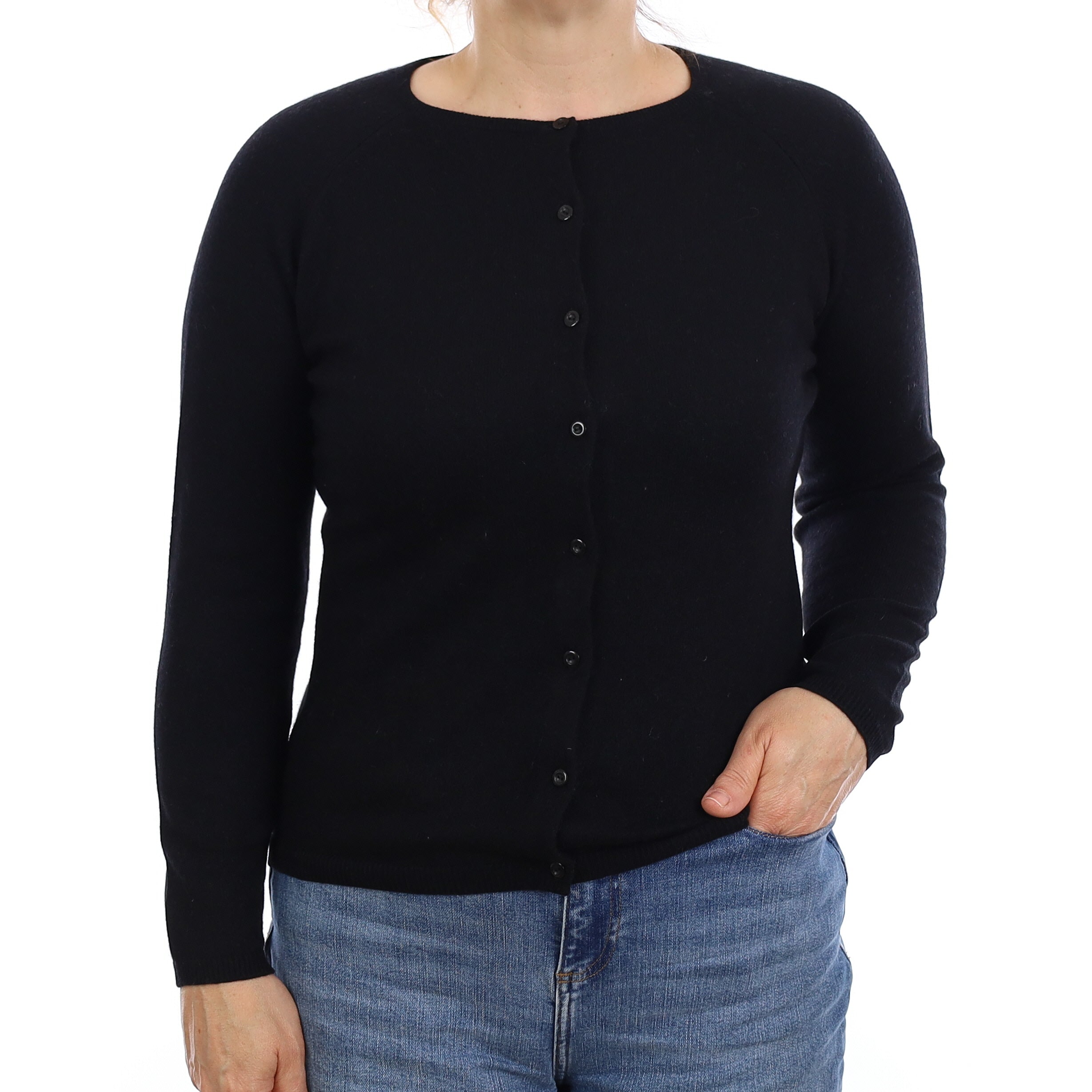 Black Cashmere Crew Neck Cardigan Medium