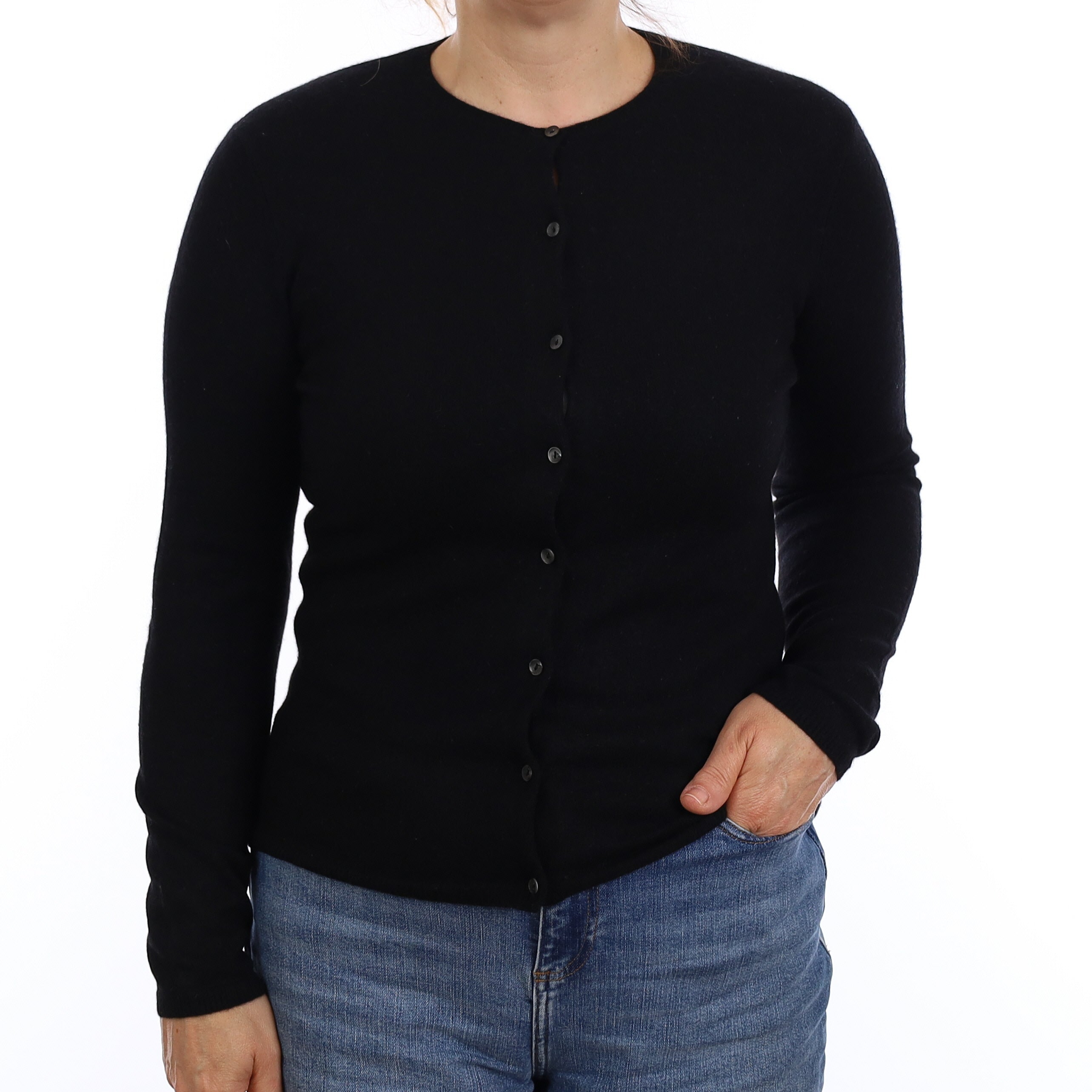 Black Cashmere Crew Neck Cardigan Medium