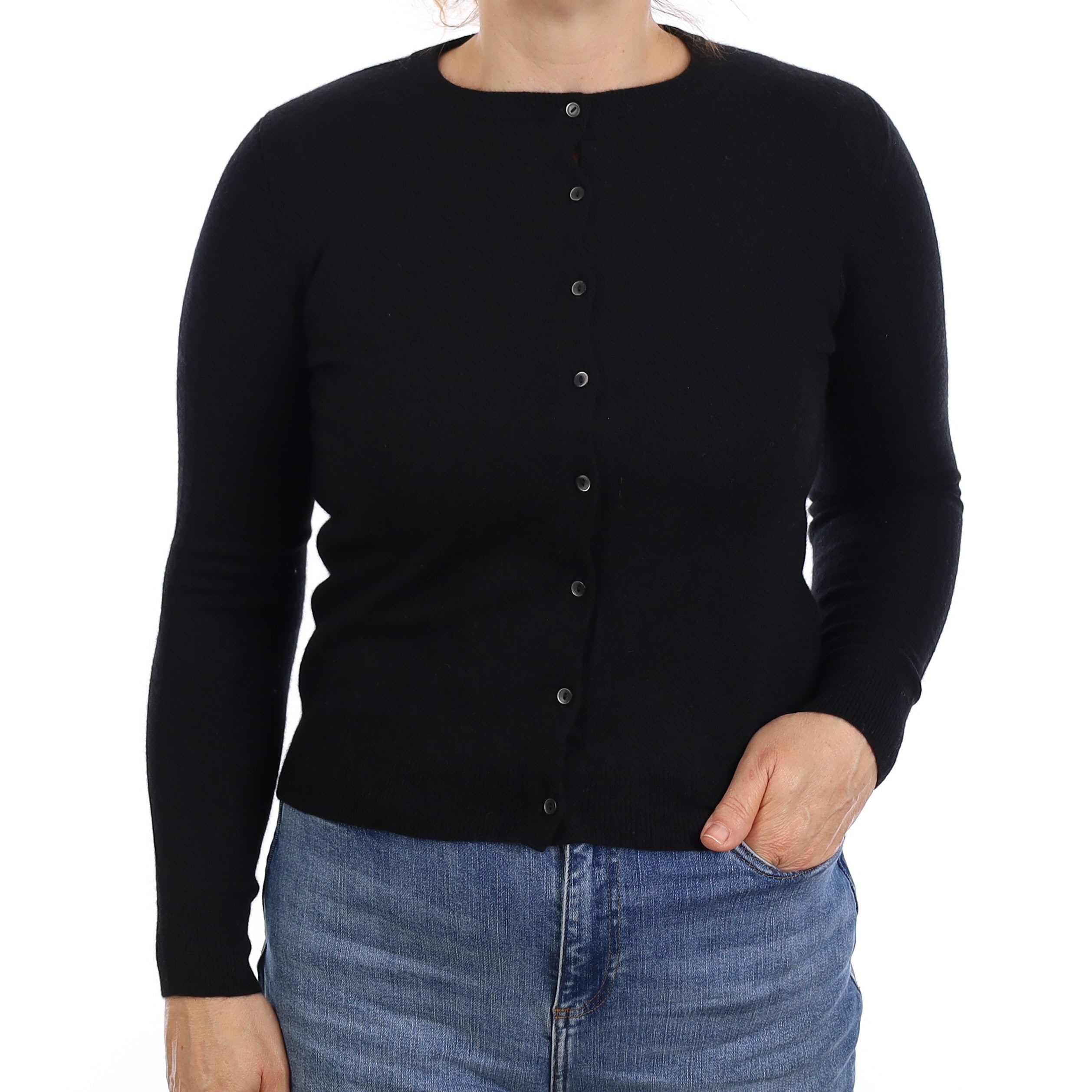 Black Cashmere Crew Neck Cardigan Medium
