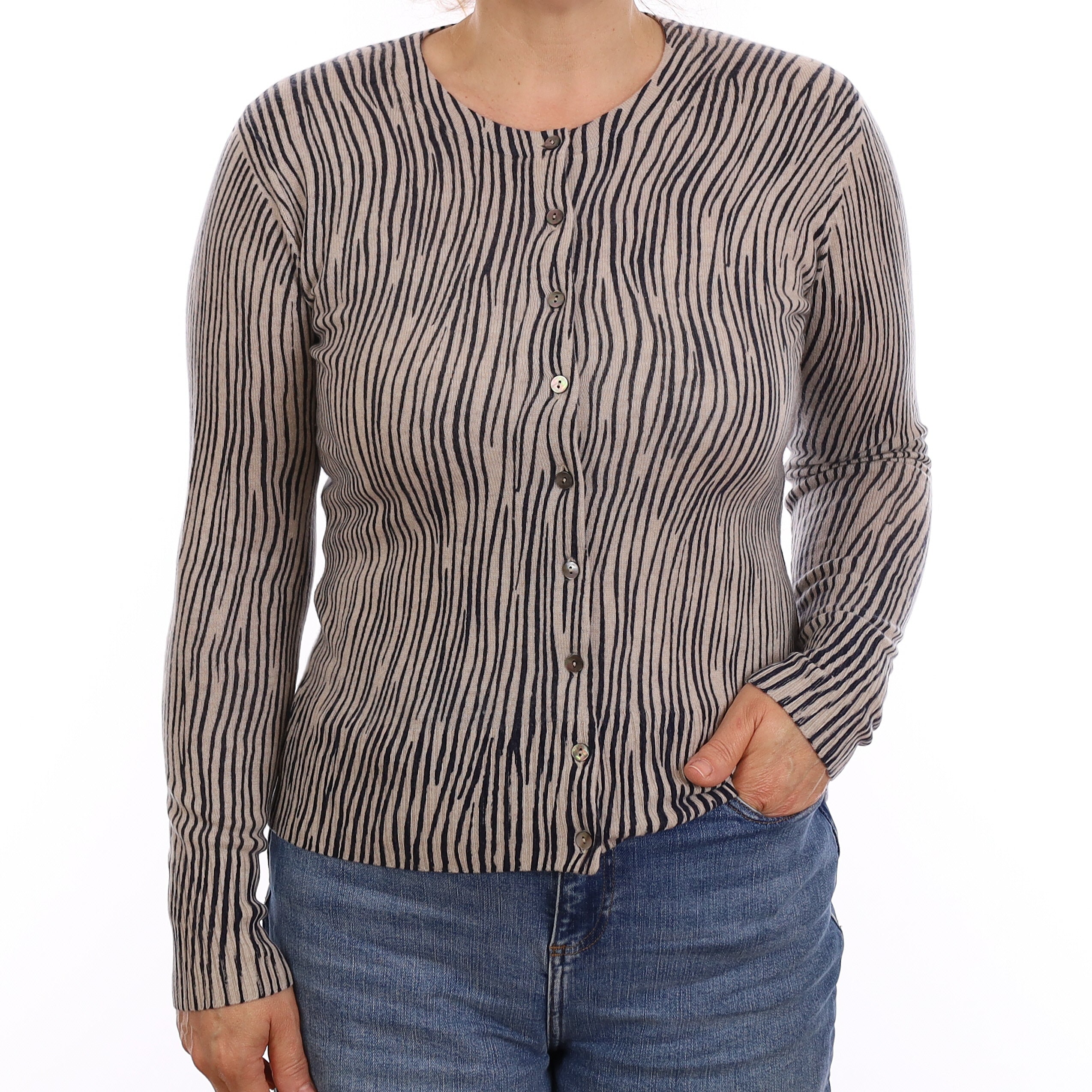 Fawn and Black Zebra Stripe Cashmere Crew Neck Cardigan Medium
