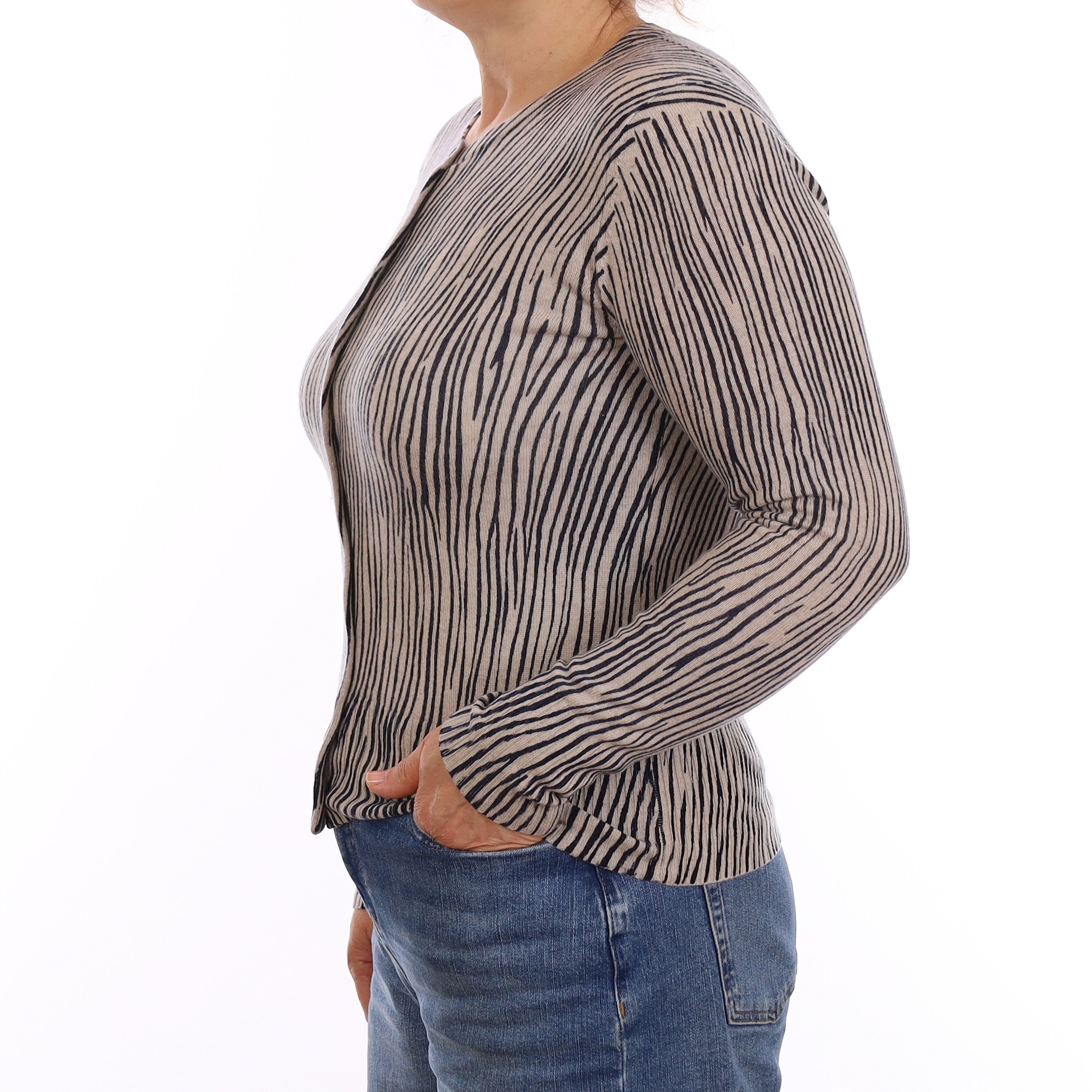 Fawn and Black Zebra Stripe Cashmere Crew Neck Cardigan Medium