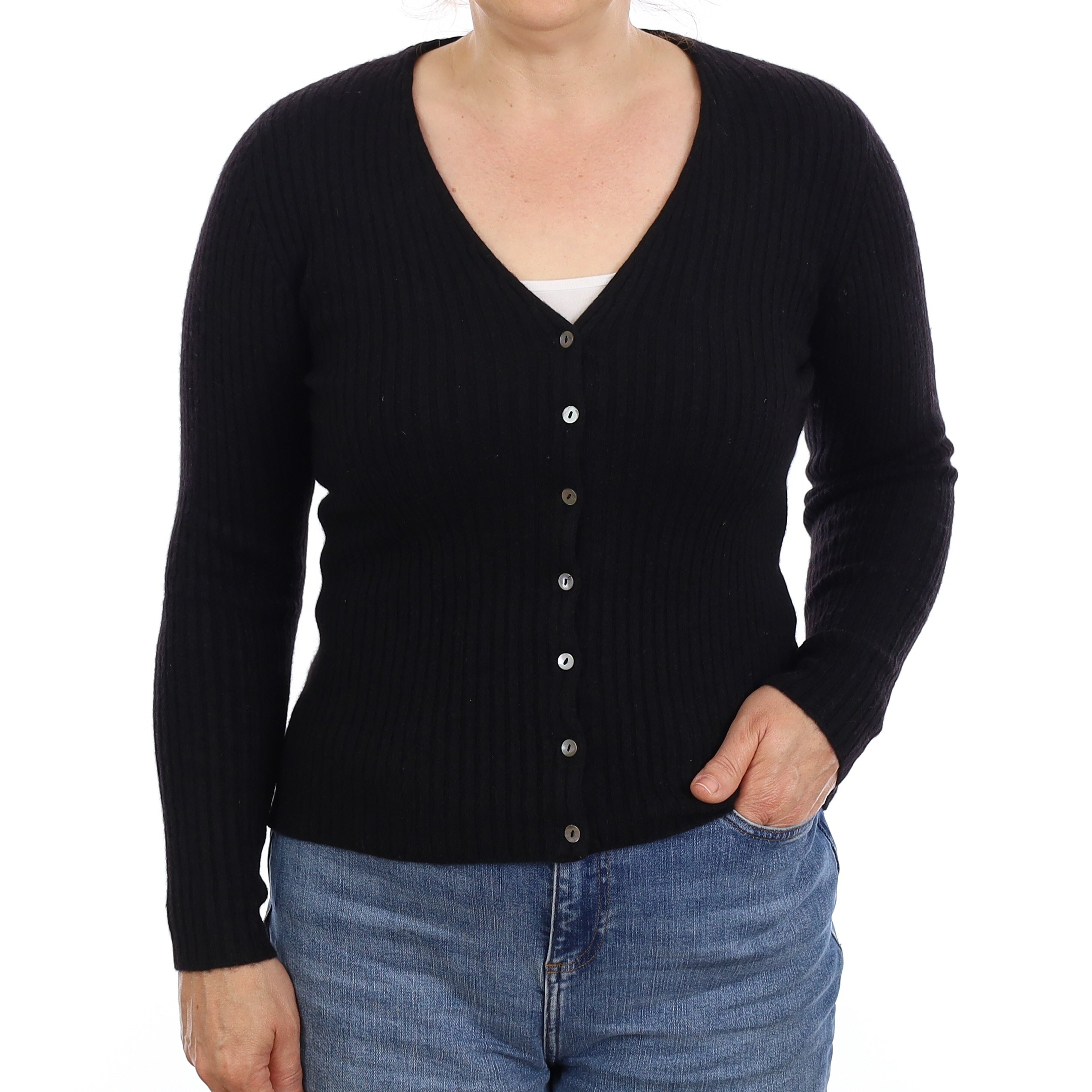 Black Skinny Rib Cashmere V Neck Cardigan Medium