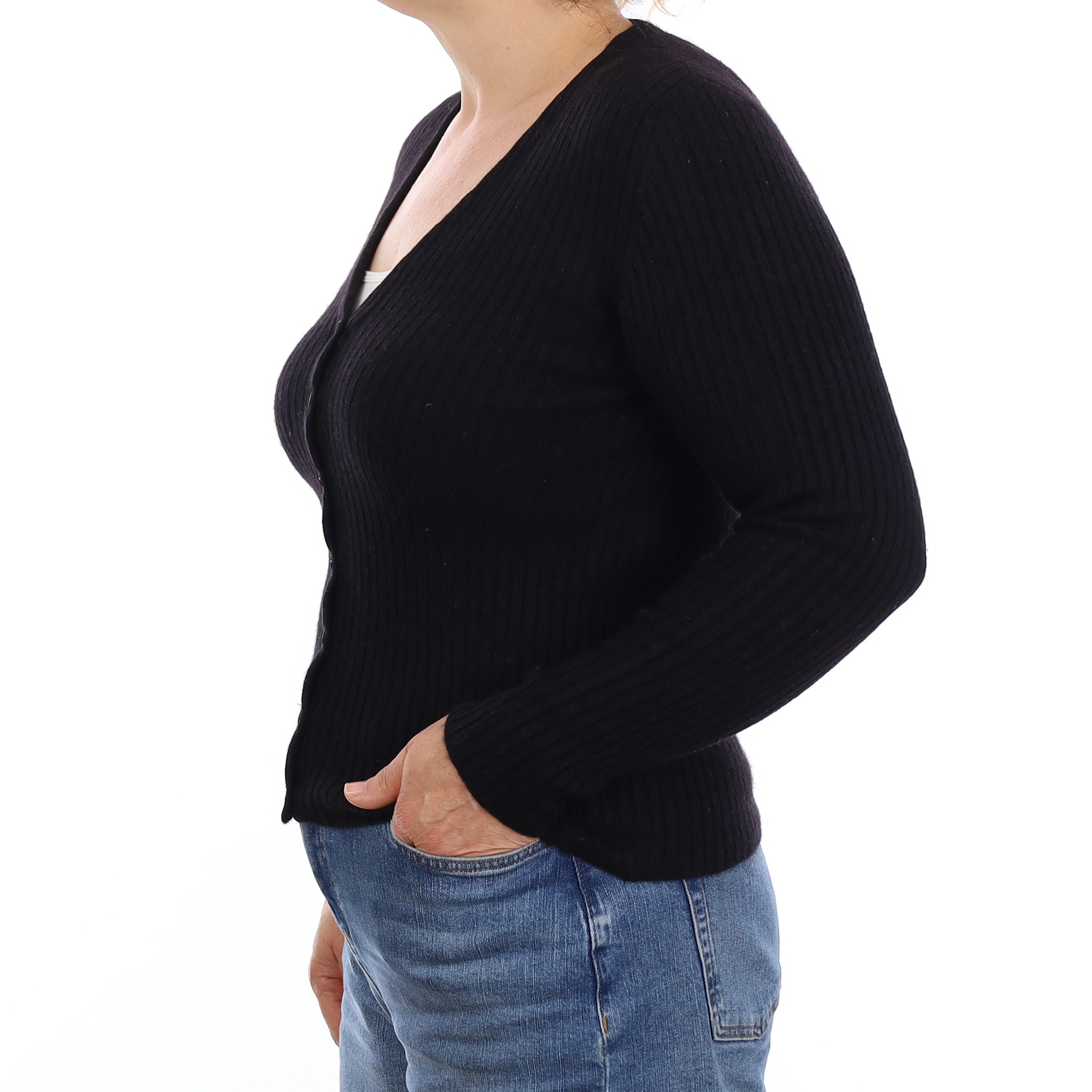 Black Skinny Rib Cashmere V Neck Cardigan Medium