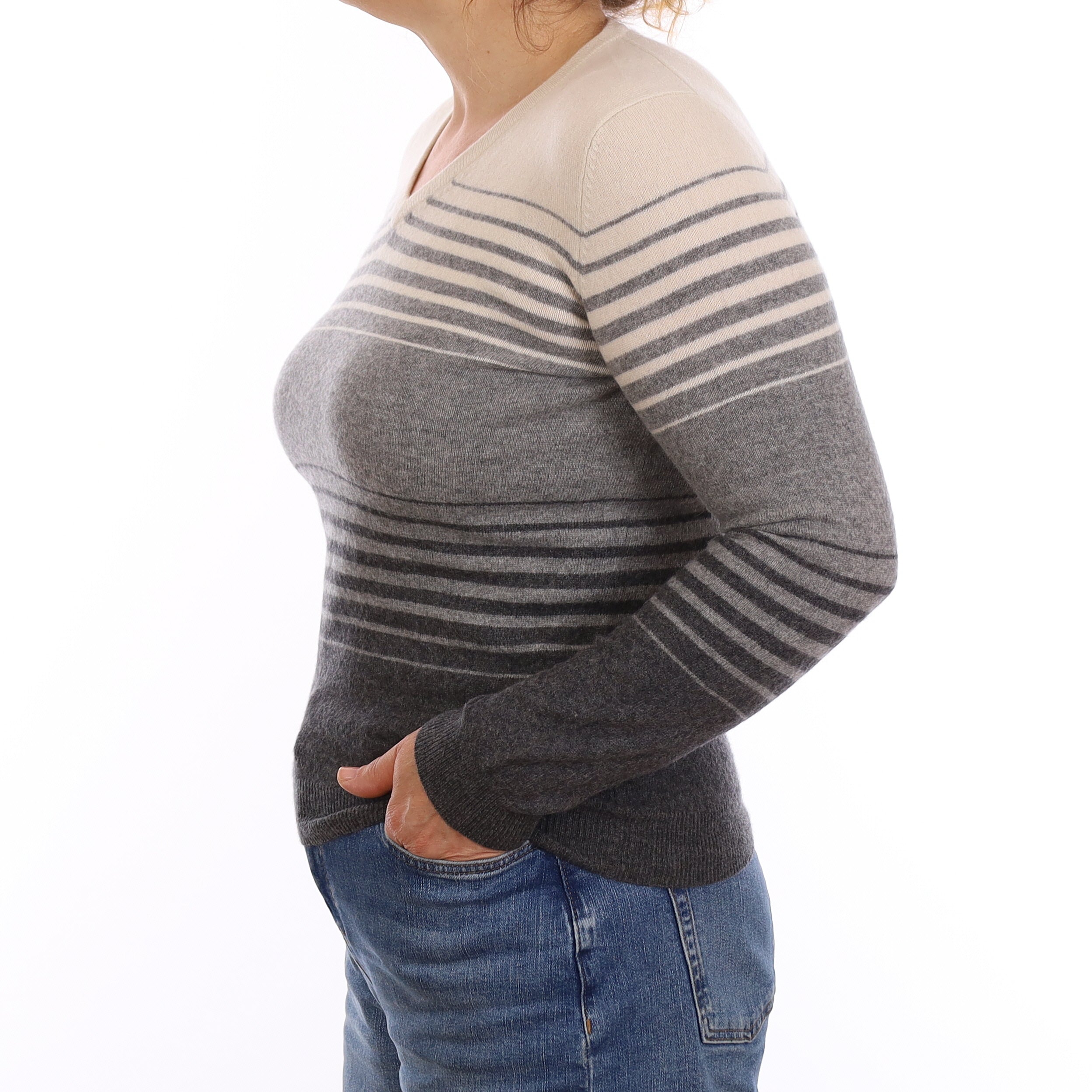 Grey and Cream Stripe Cashmere V Neck Jumper Medium