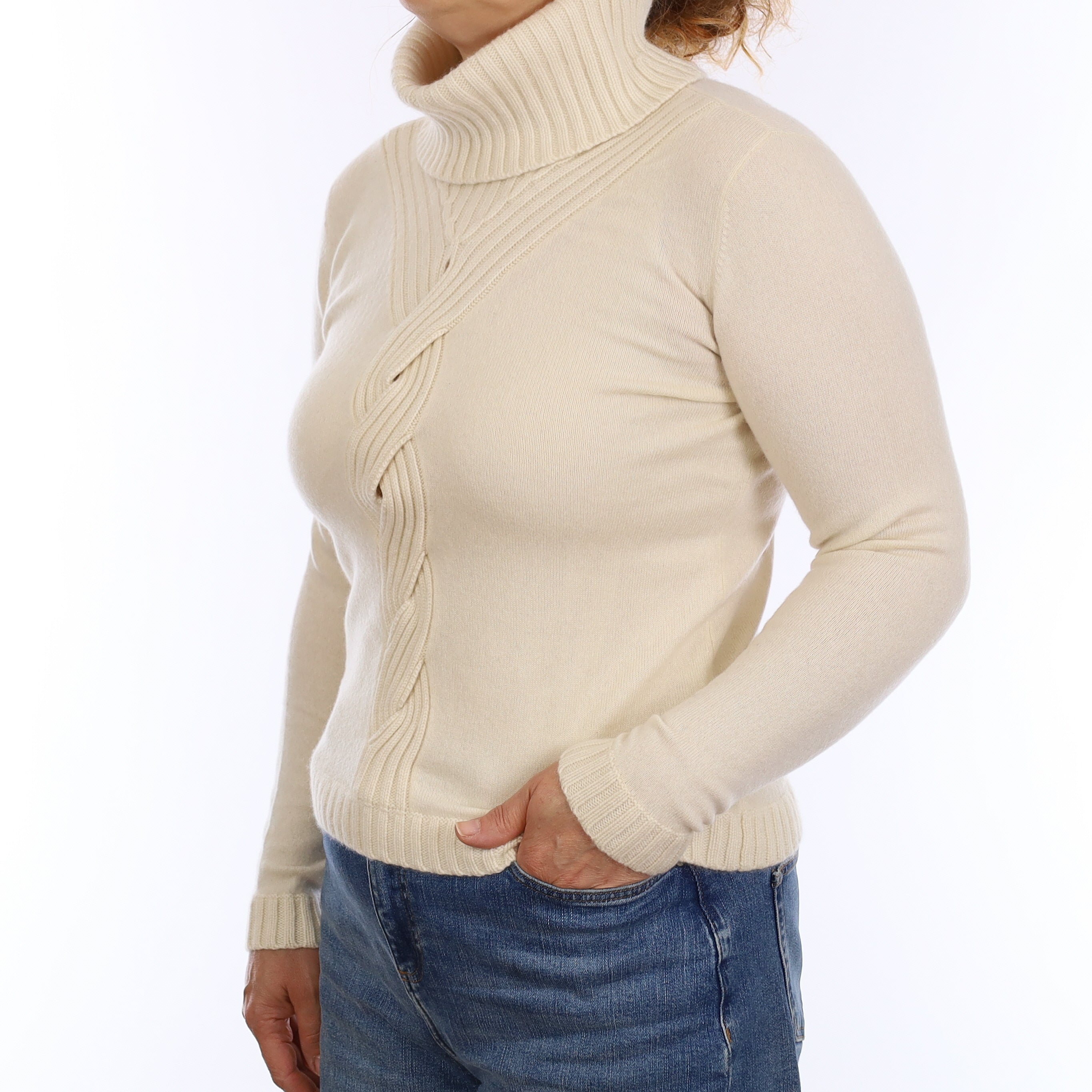 Ivory Cable Detail Cashmere Polo Neck Jumper Medium