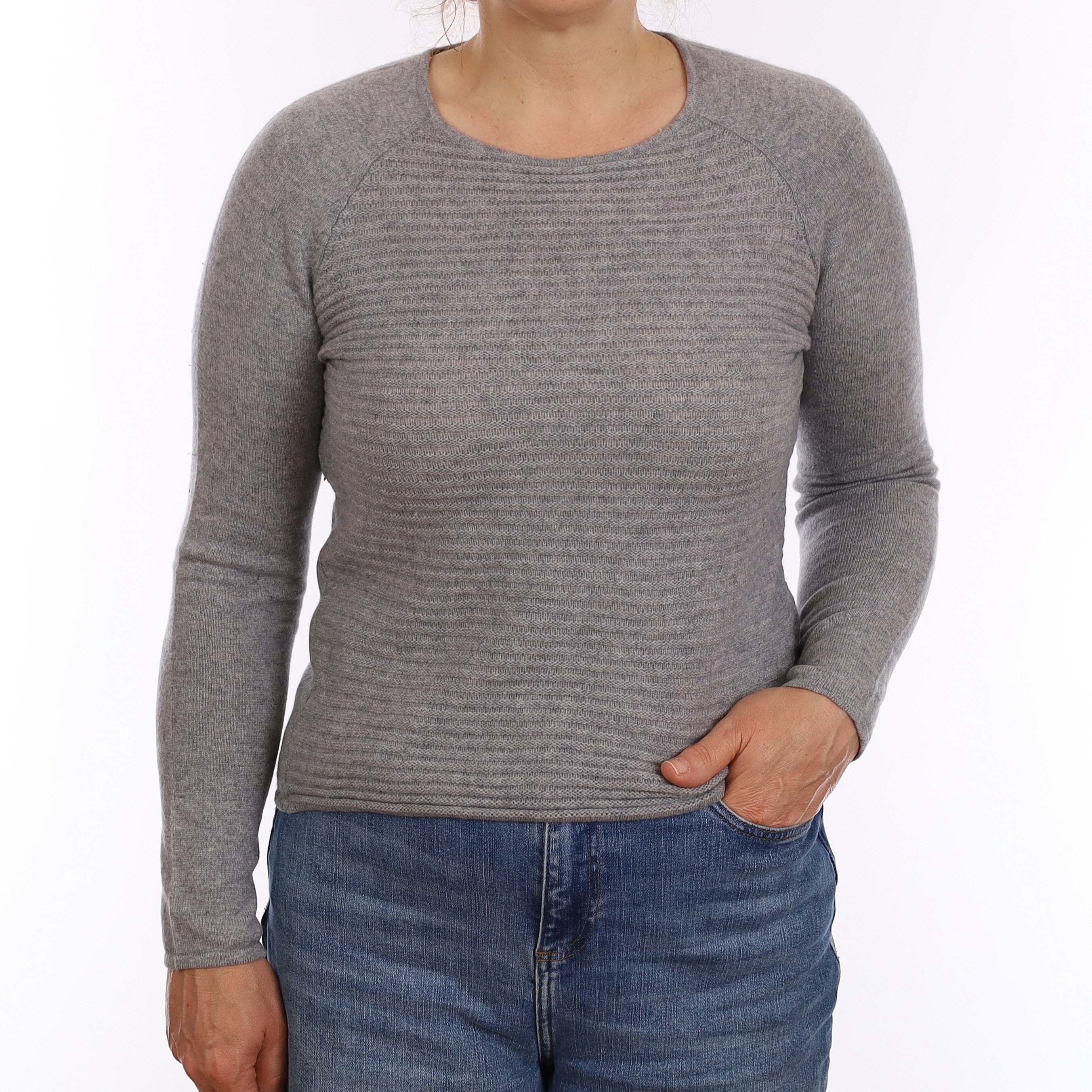Ash Grey Cashmere Ribbed Front Crew Neck Jumper Medium