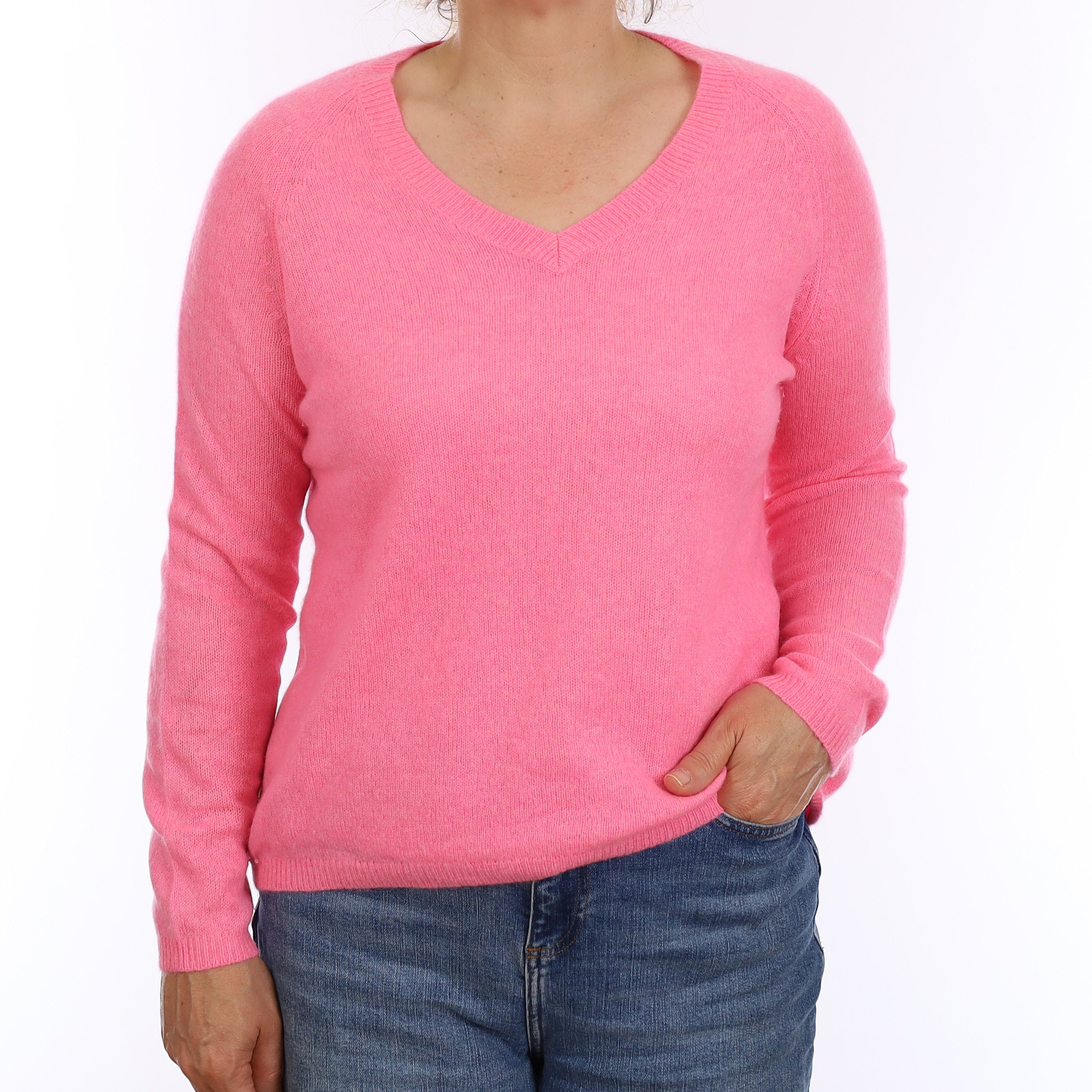 Bubblegum Pink Cashmere Slouchy V Neck Jumper Medium