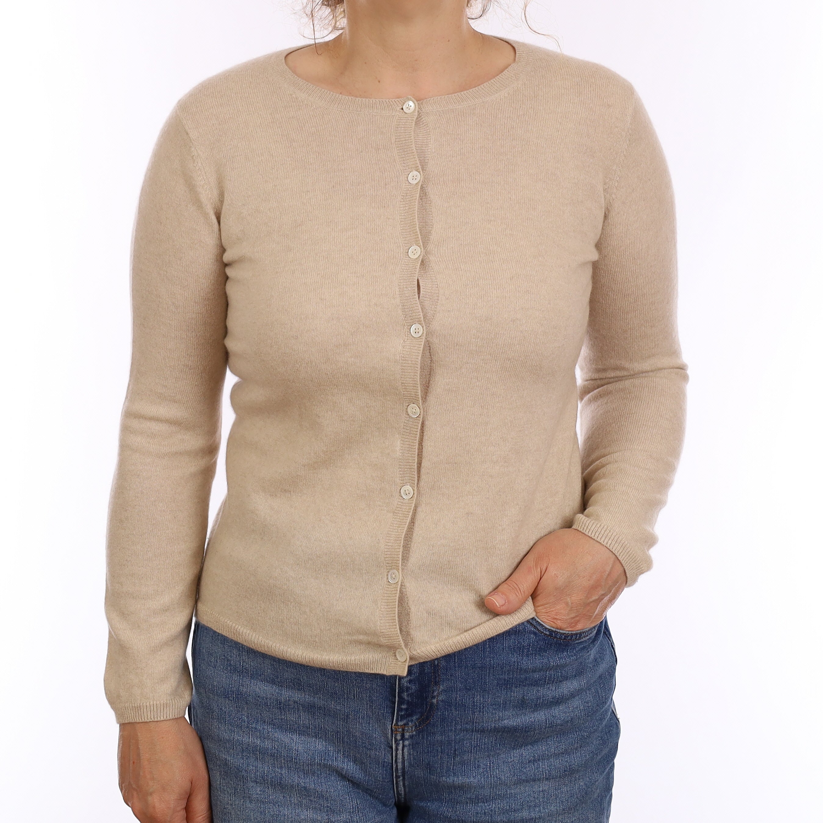 Fawn Cashmere Crew Neck Cardigan Medium