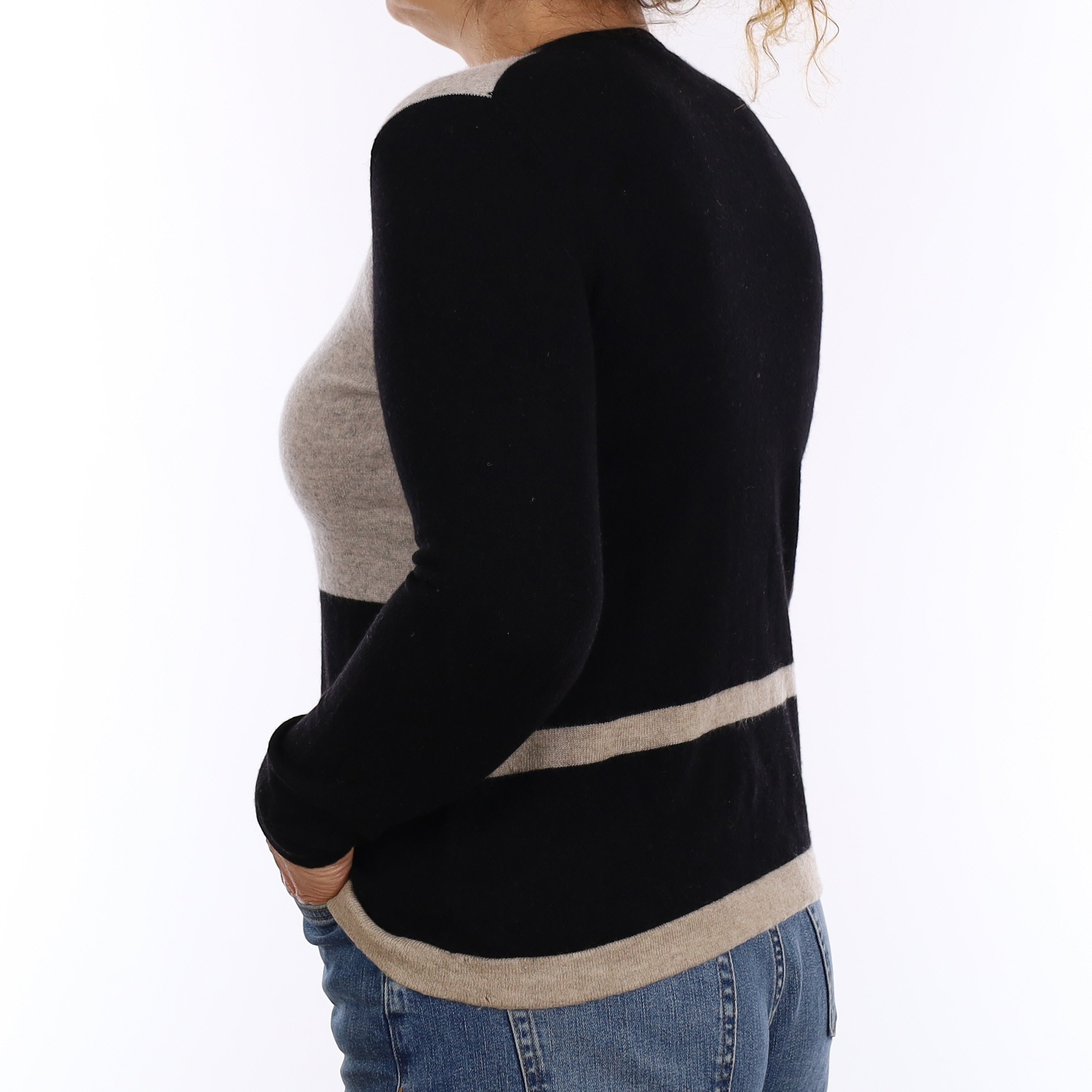 Black Colour Block Cashmere Crew Neck Jumper Medium