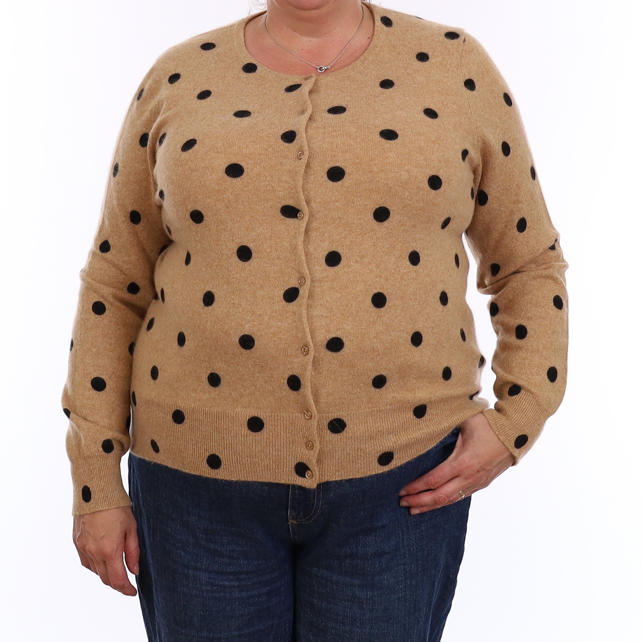 Caramel and Black Spotted Cashmere Crew Neck Cardigan XXL