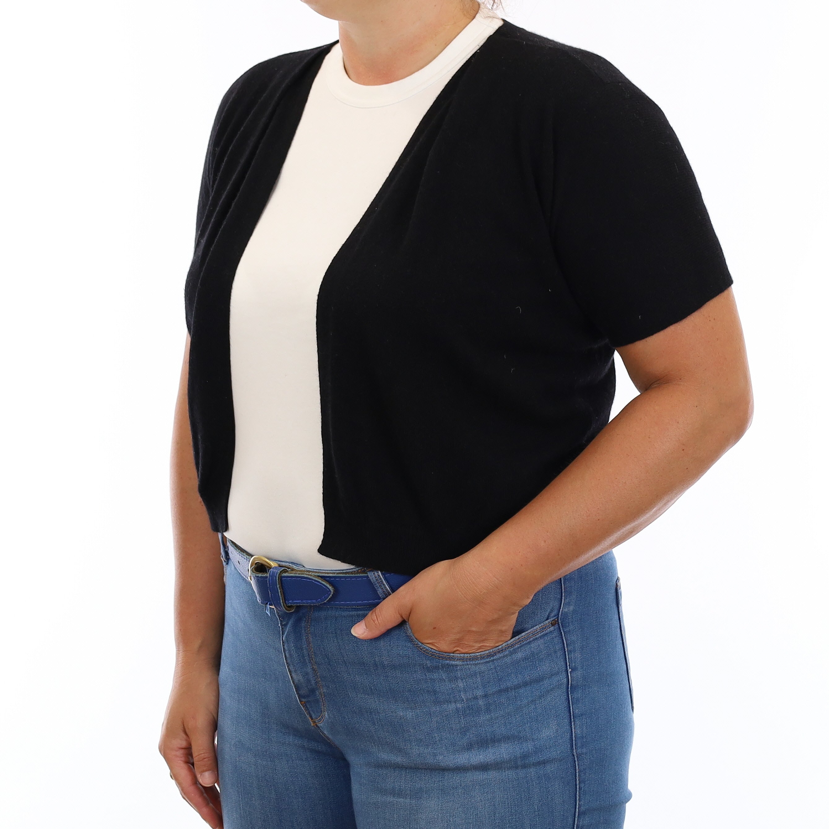 Black Cashmere Short Sleeve Edge to Edge Cardigan Large