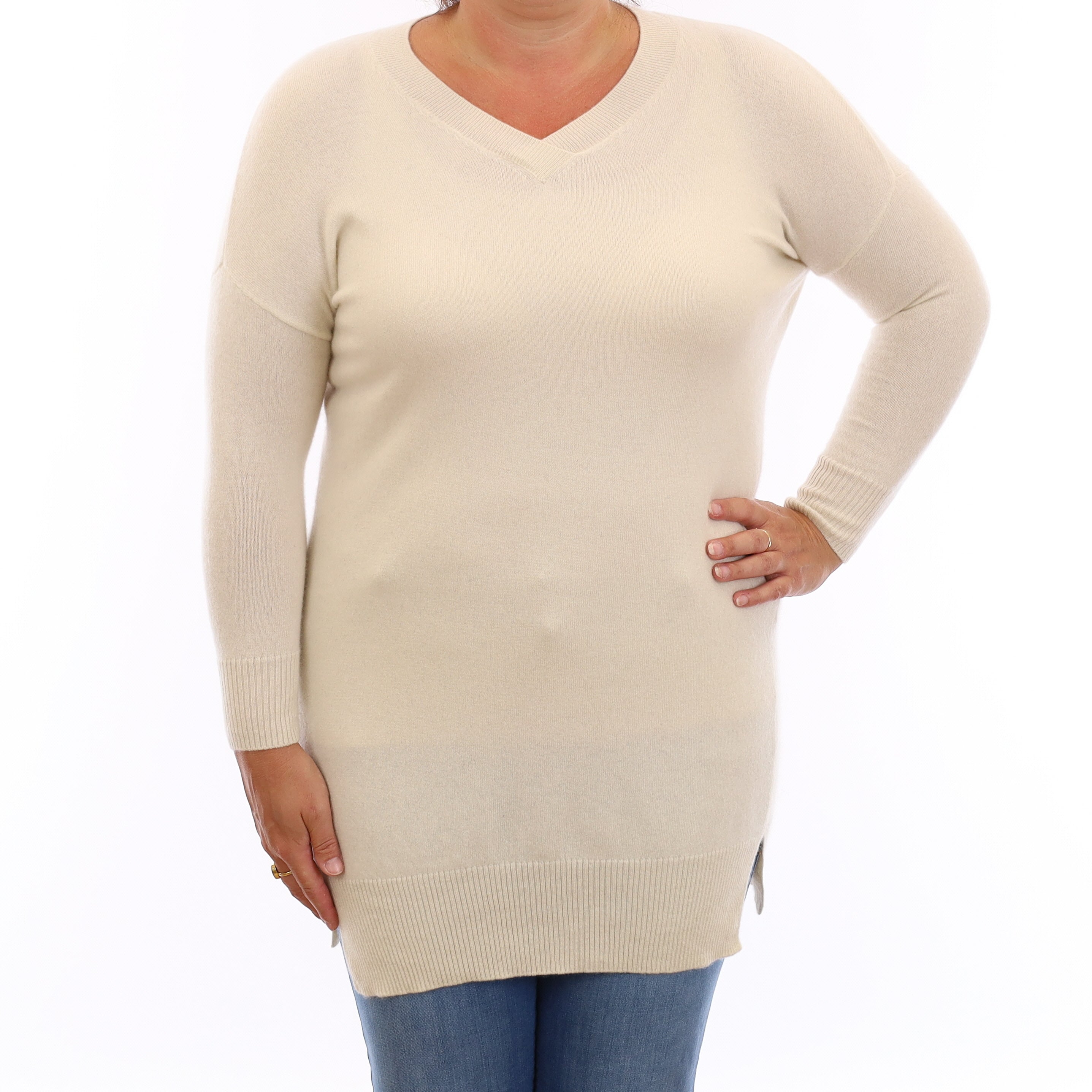 Ivory Cashmere Longline V Neck Jumper Large