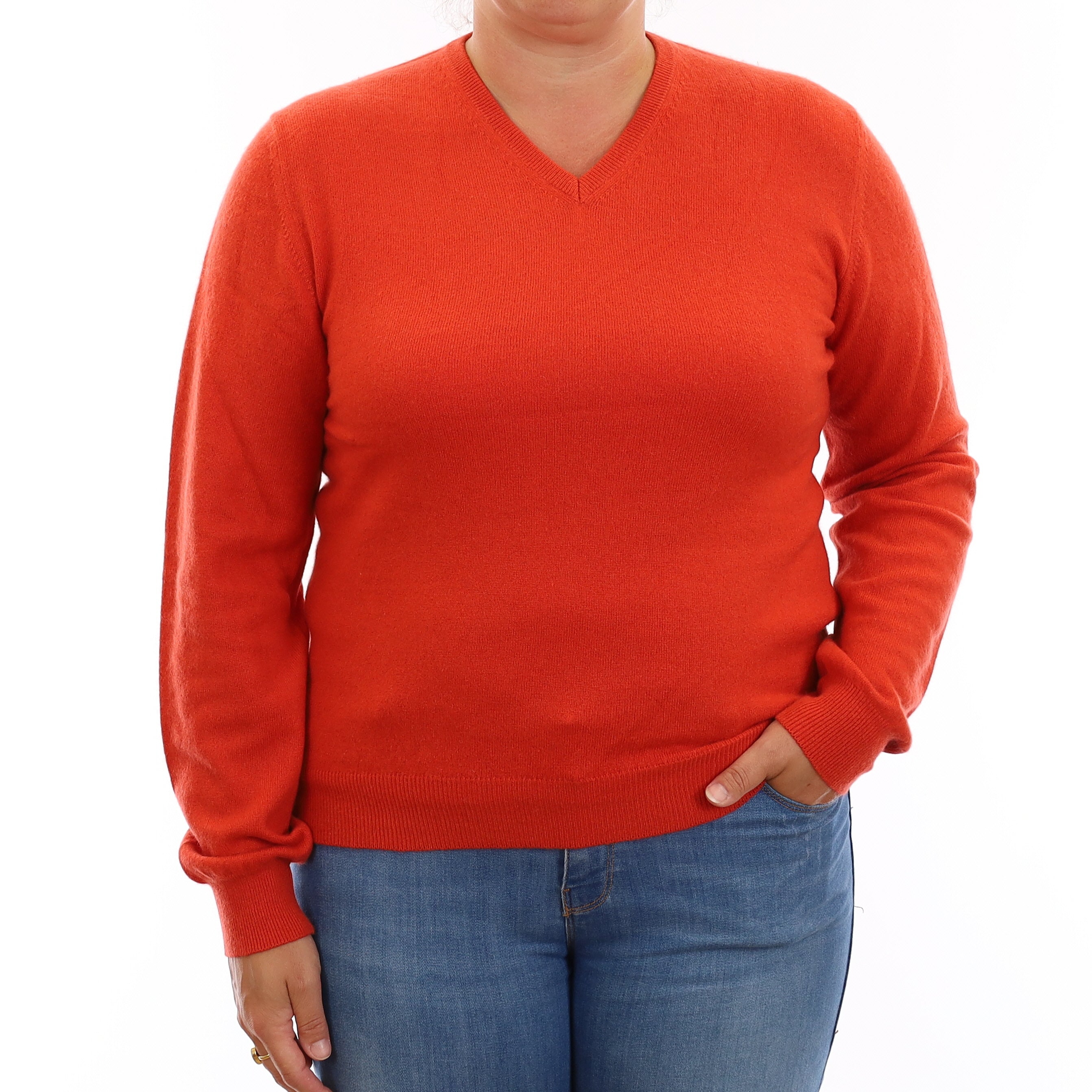 Flame Orange Cashmere V Neck Jumper Large