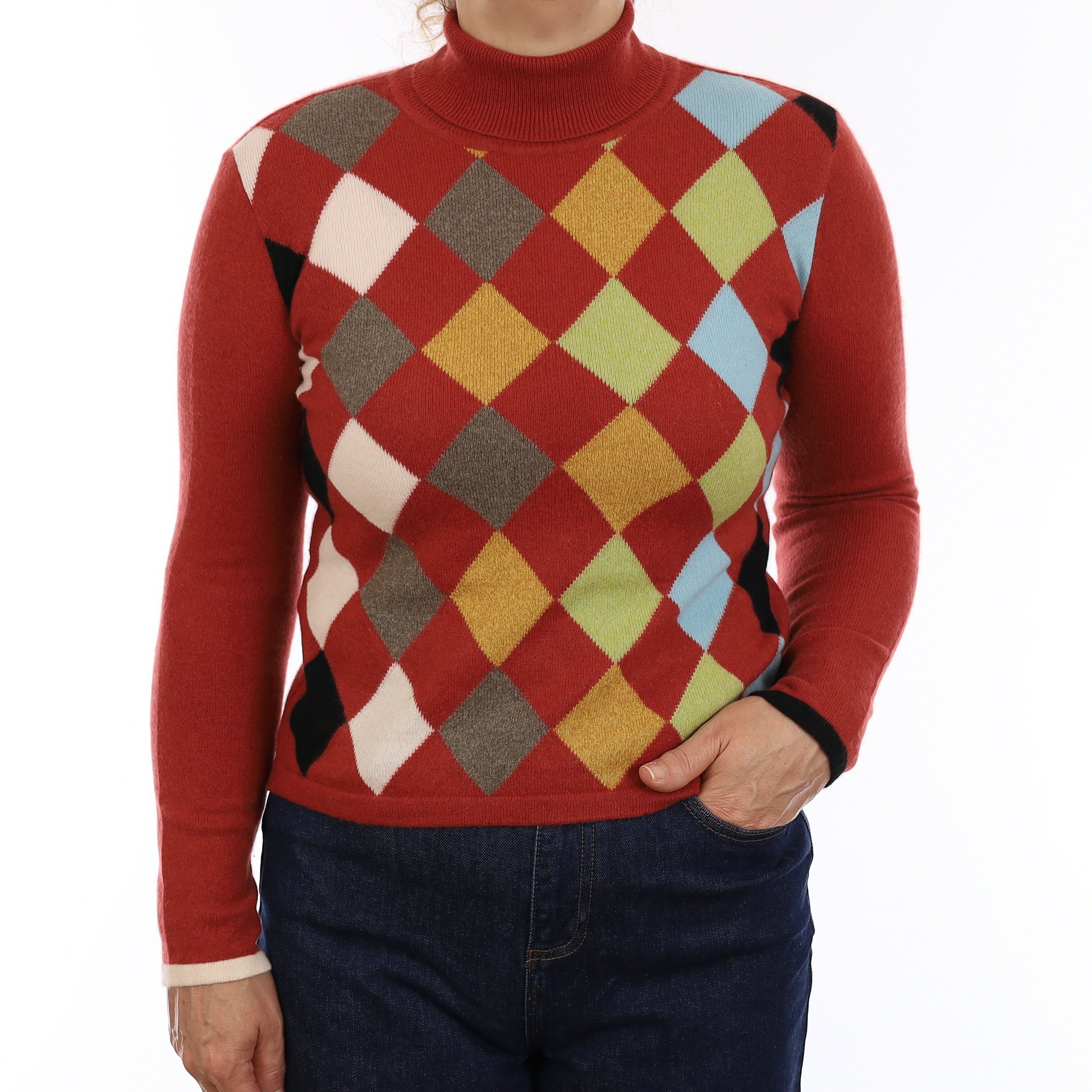 Brick Red Multicolour Diamond Cashmere Polo Neck Jumper Medium