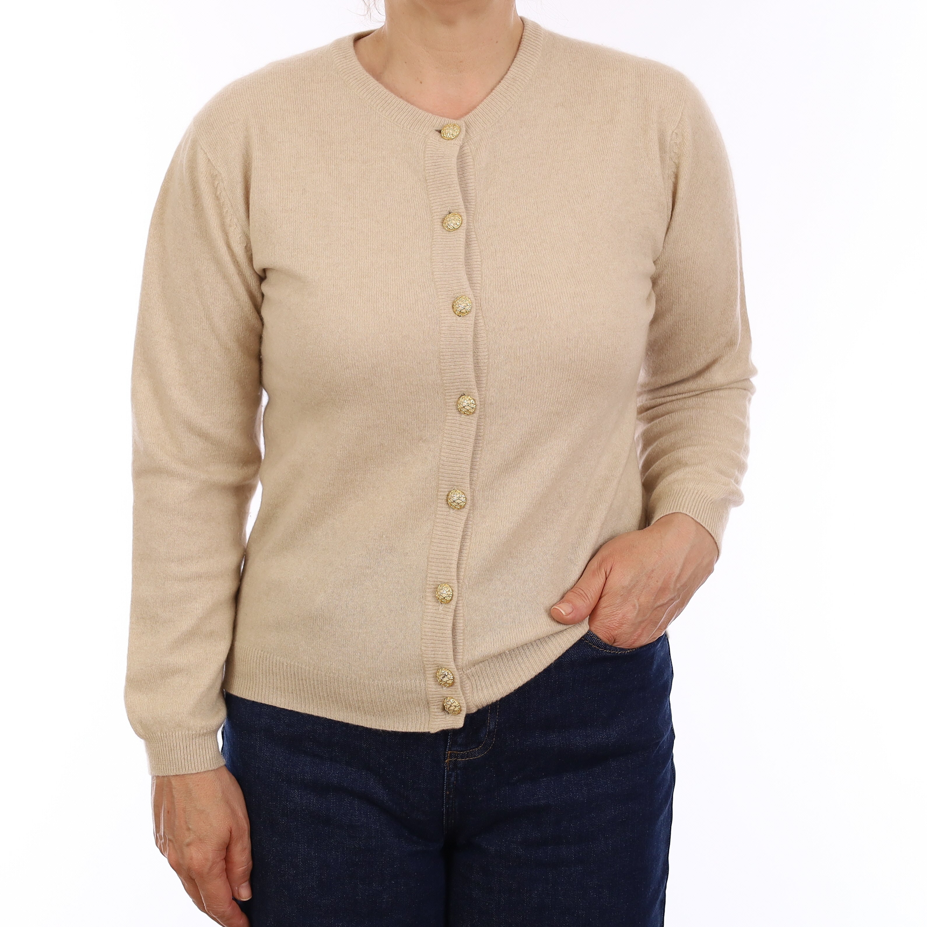 Sand Beige Cashmere Crew Neck Cardigan Medium