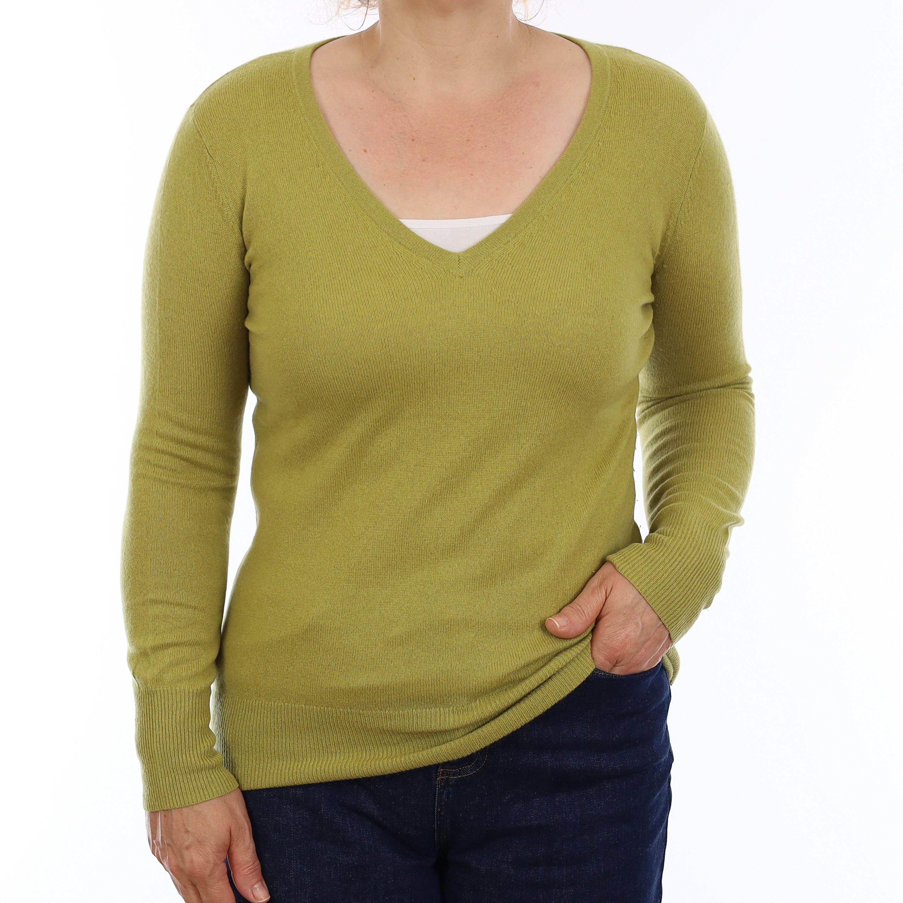 Pistachio Green Cashmere V Neck Jumper Medium