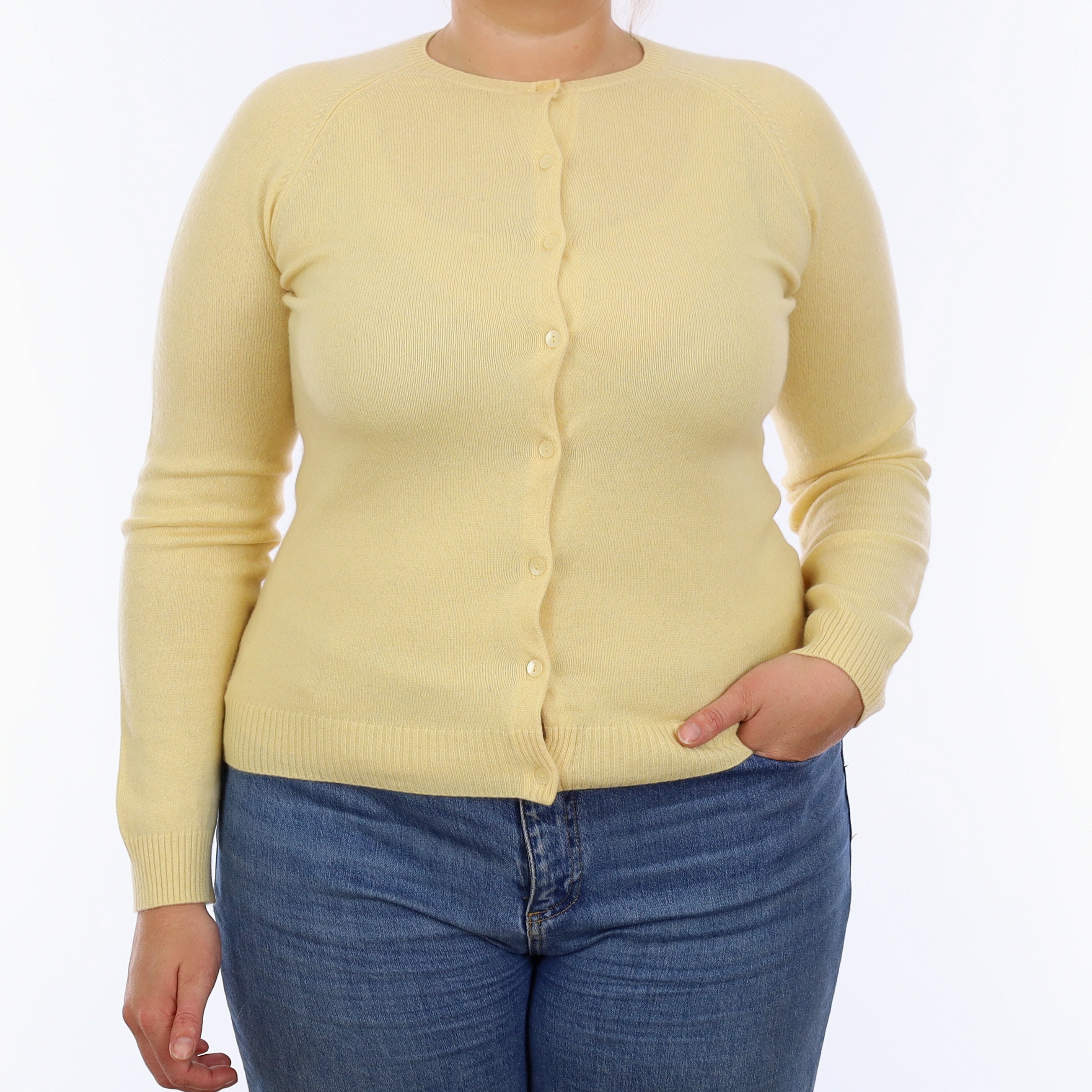 Custard Yellow Cashmere Crew Neck Cardigan Large