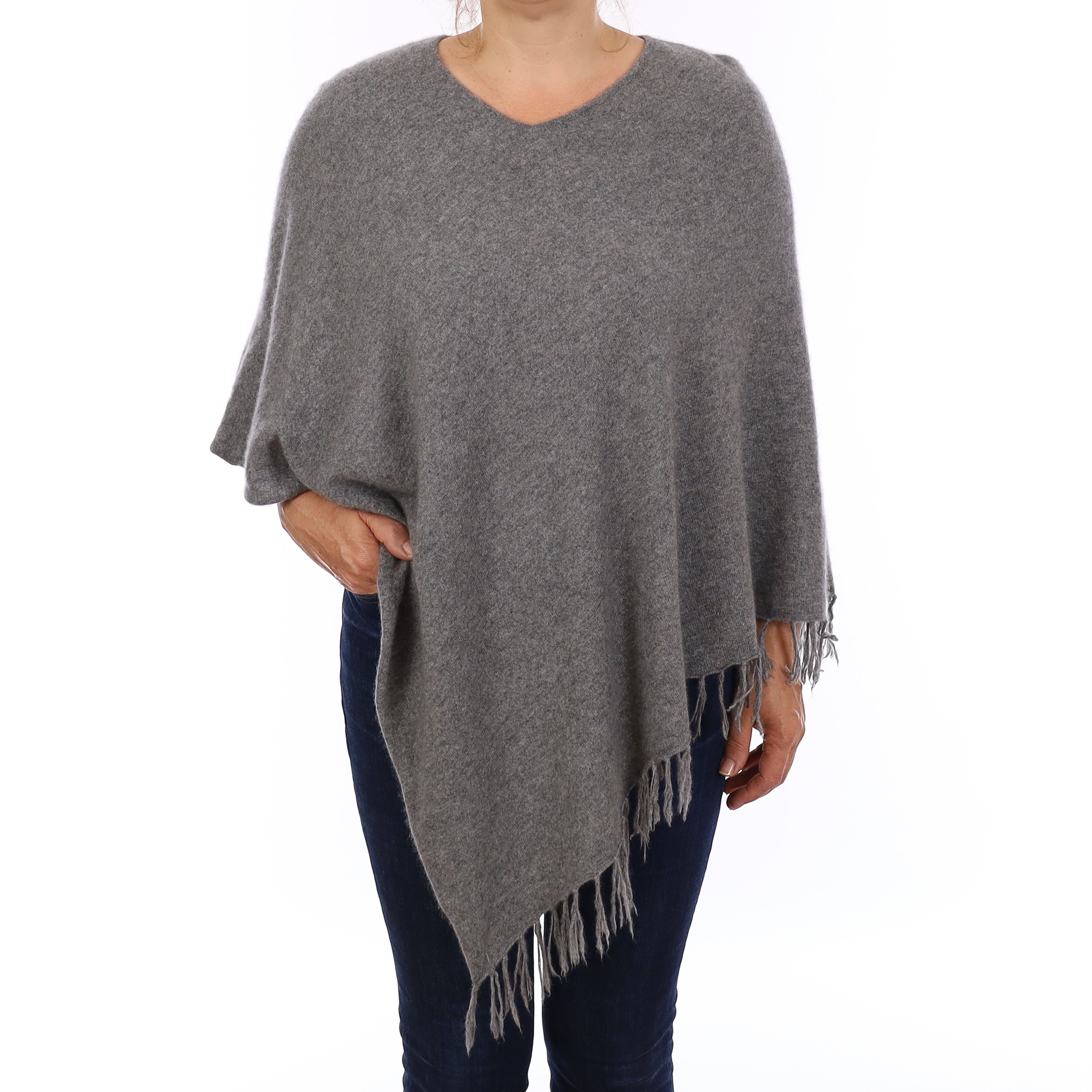Ash Grey Tassel Edged Cashmere Poncho One Size