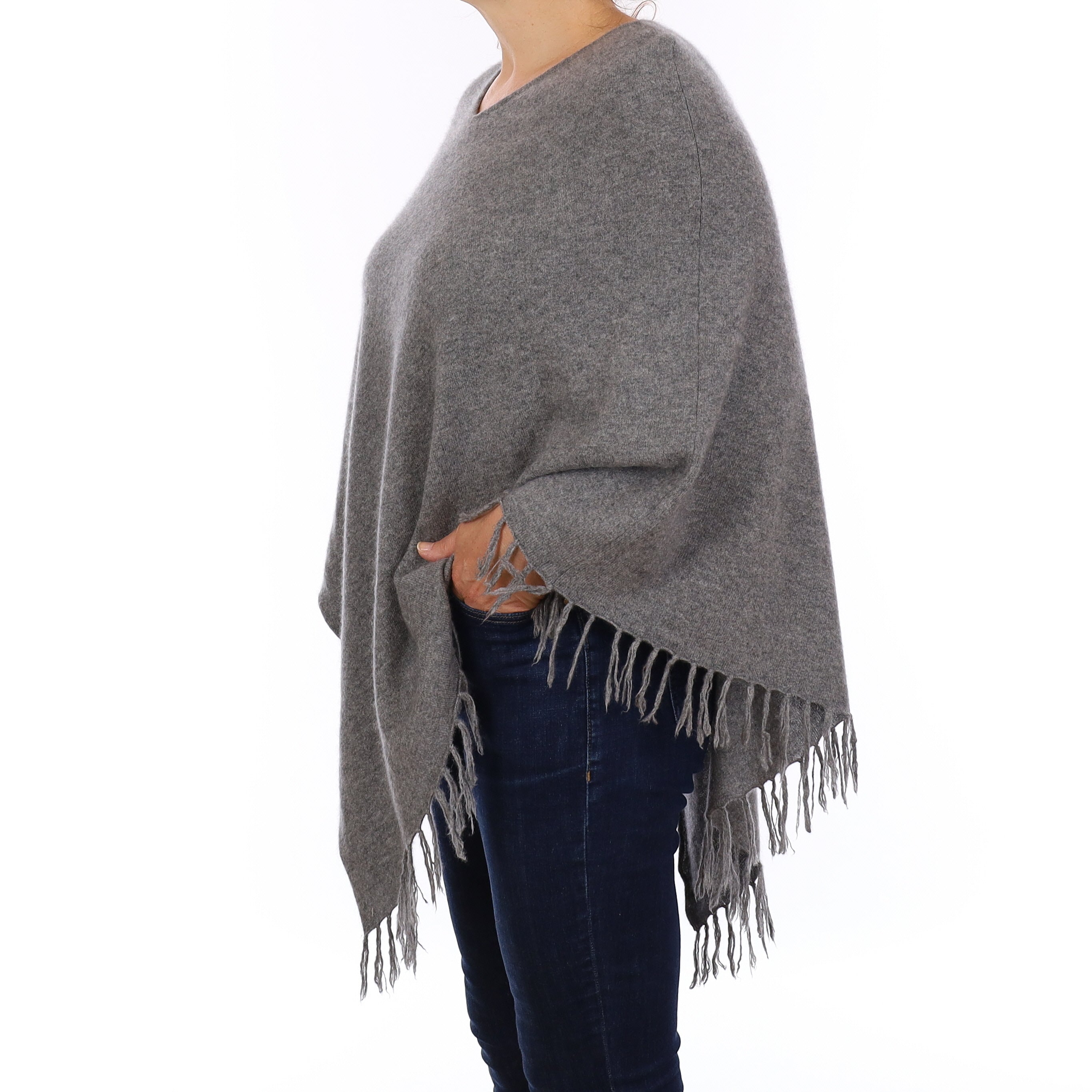 Ash Grey Tassel Edged Cashmere Poncho One Size