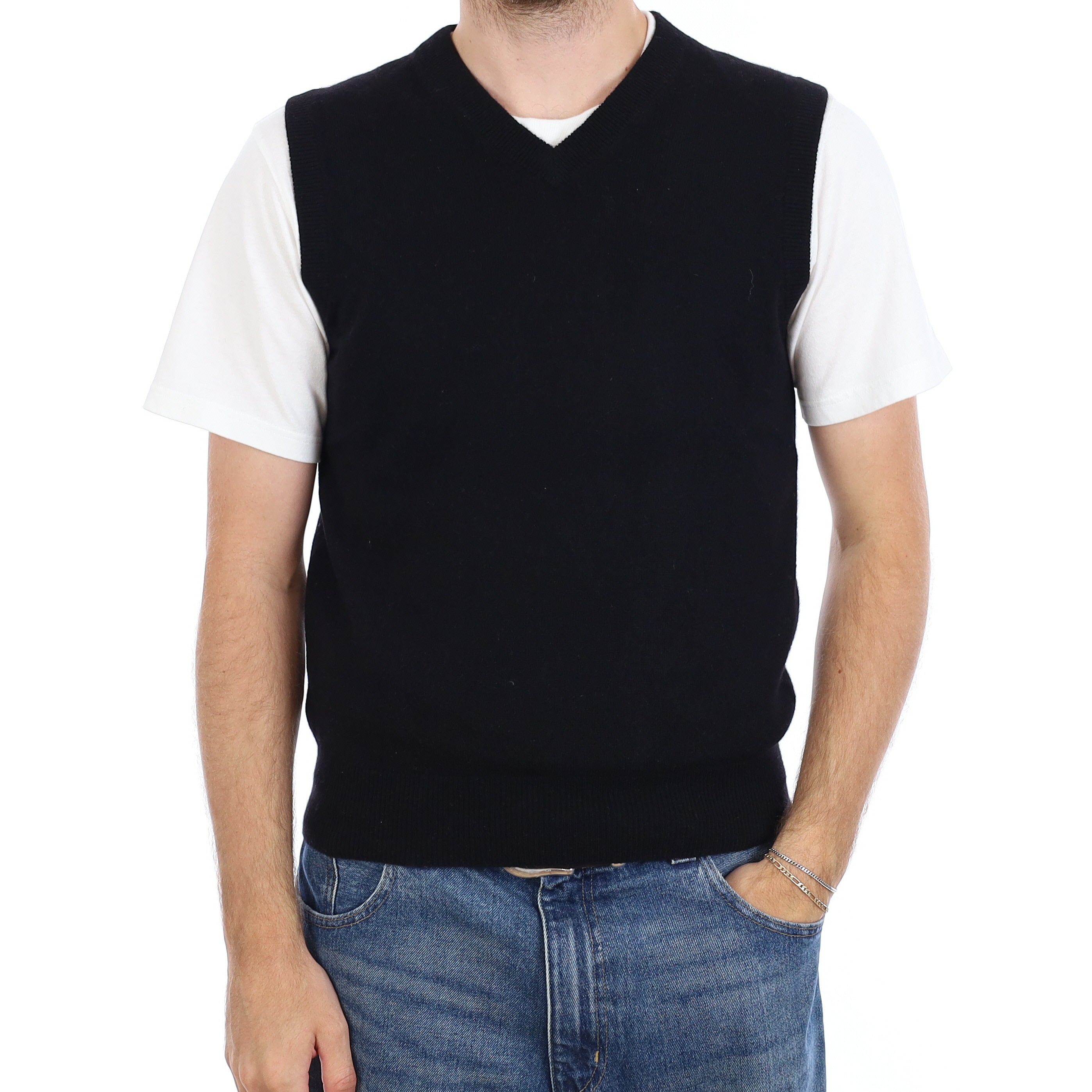 Men's Black Cashmere V Neck Tank Top Medium