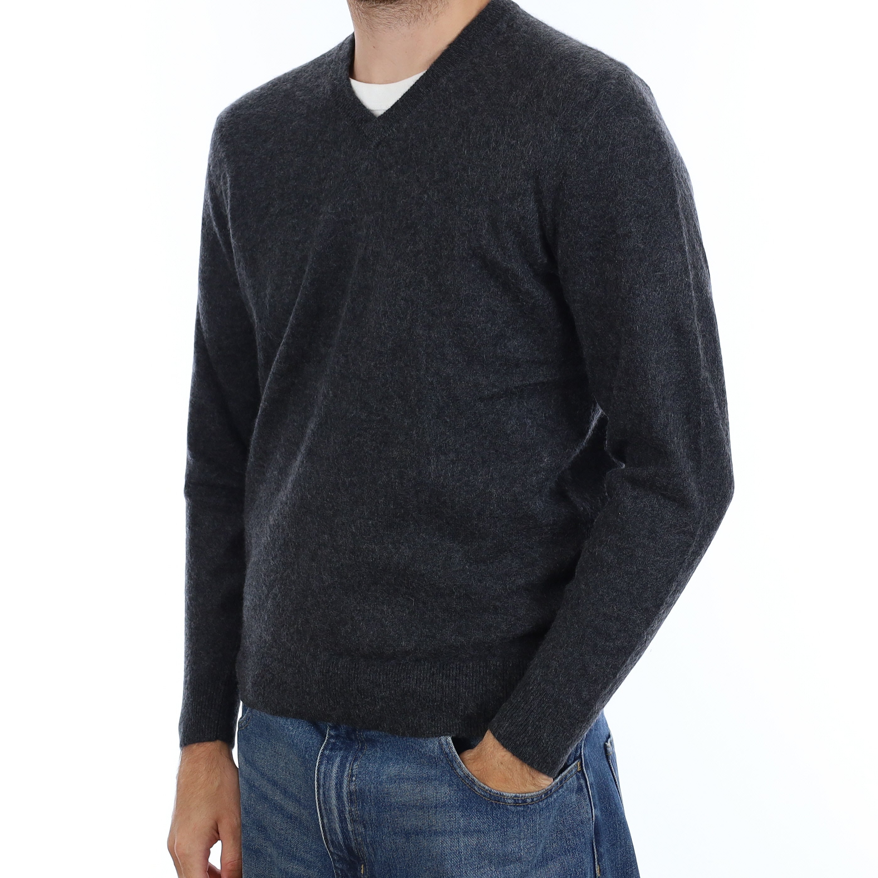 Men's Granite Grey Cashmere V Neck Jumper Medium