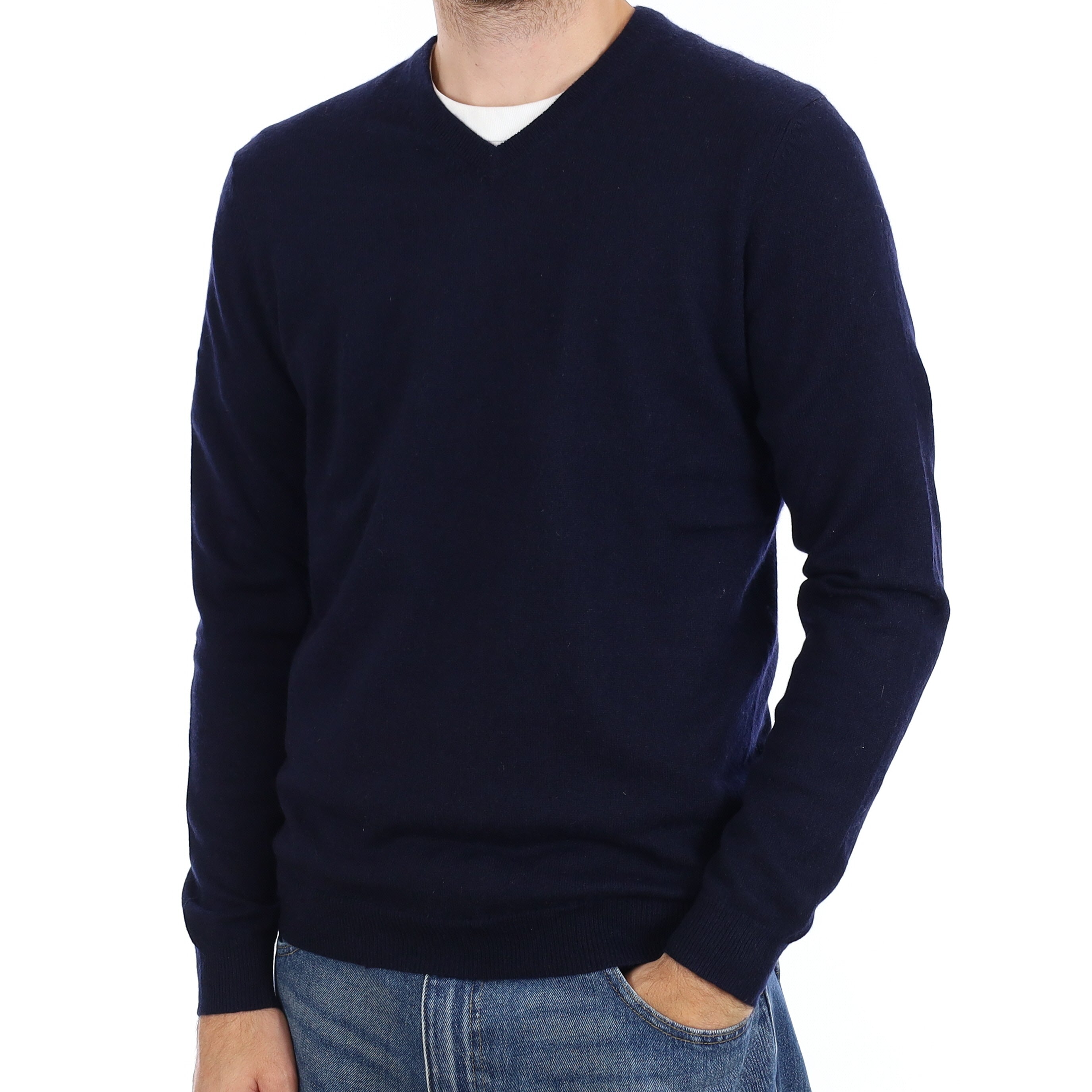 Men's Dark Navy Cashmere V Neck Jumper Medium