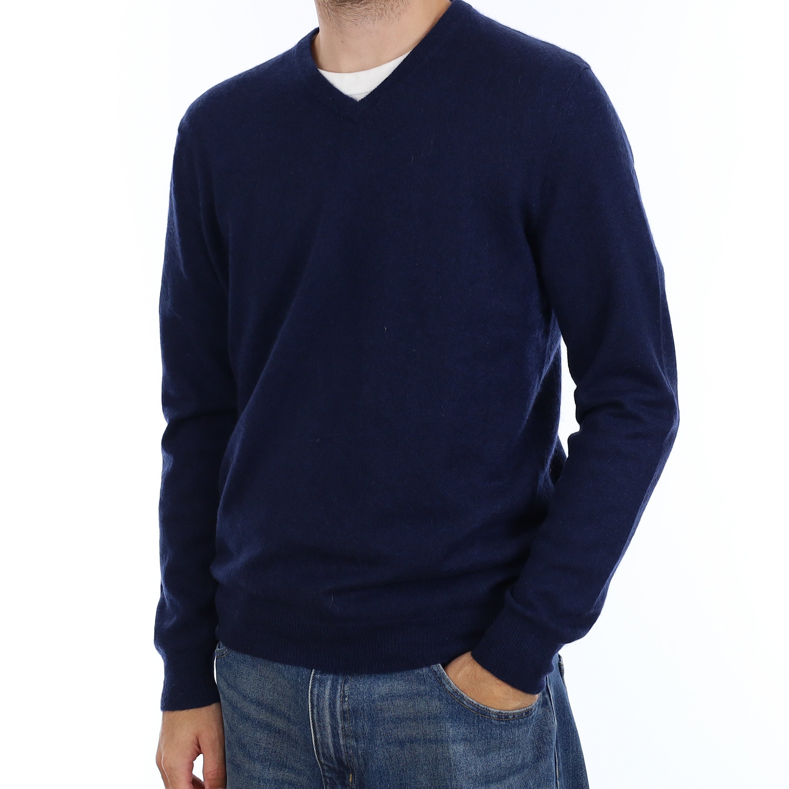 Men's Navy Cashmere V Neck Jumper Medium