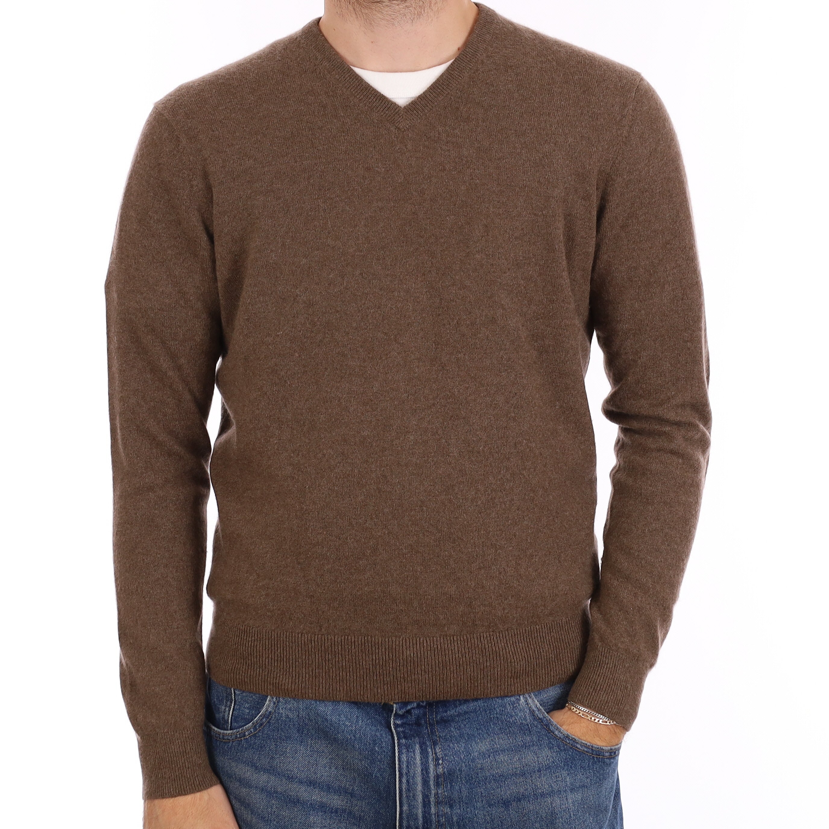 Men's Coffee Brown Cashmere V Neck Jumper Medium