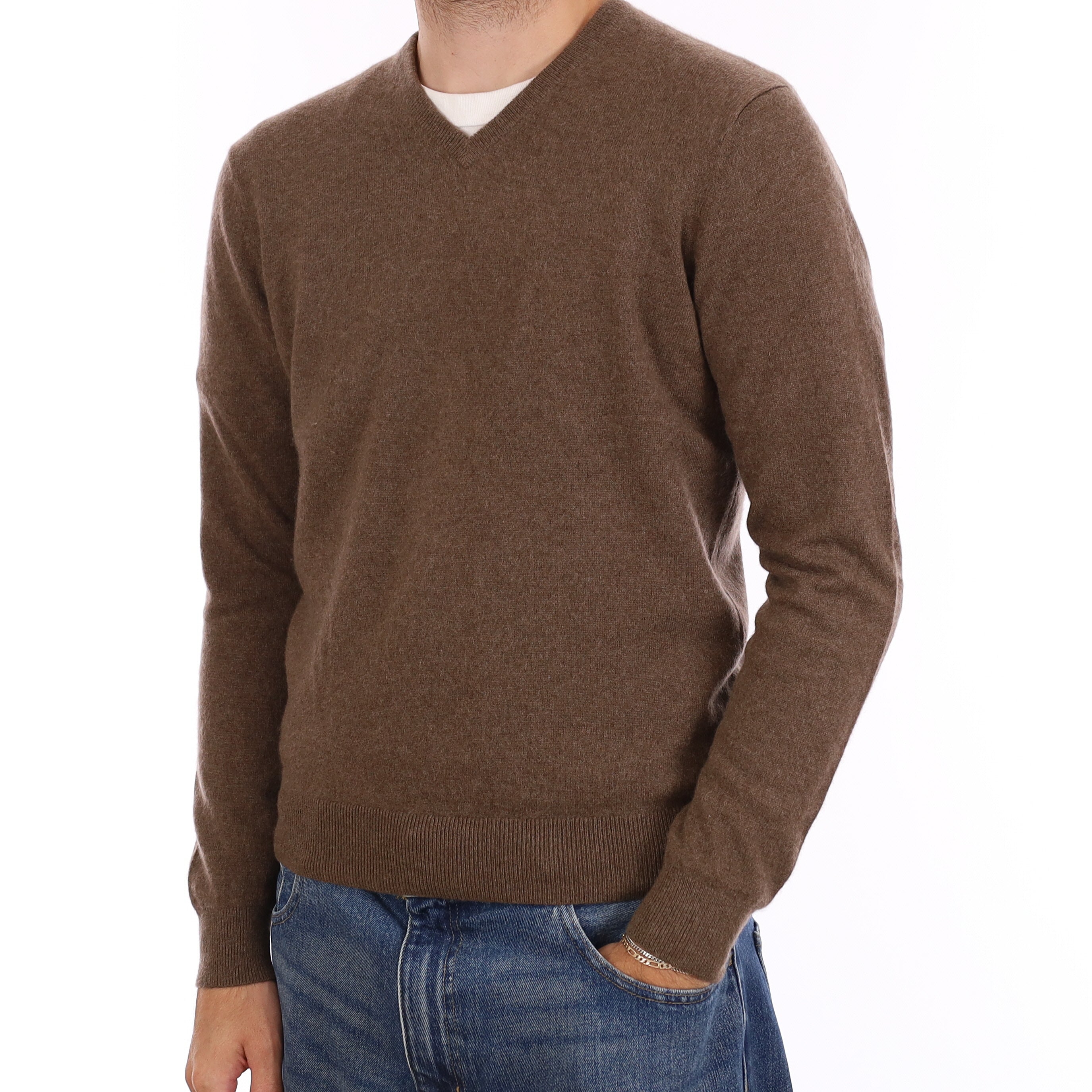 Men's Coffee Brown Cashmere V Neck Jumper Medium