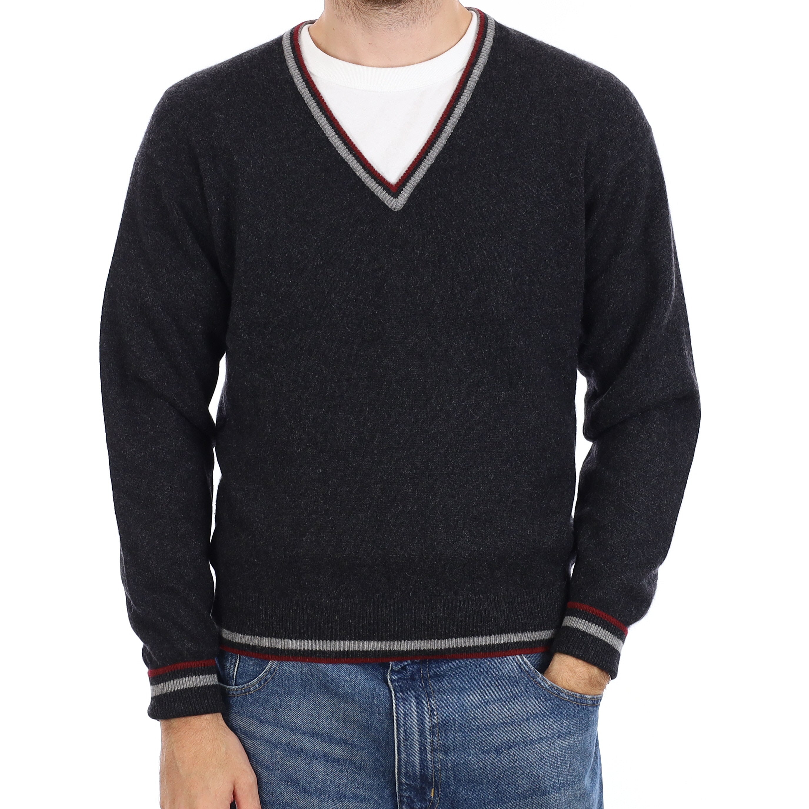 Men's Charcoal Grey Burgundy Trimmed Cashmere V Neck Jumper Medium