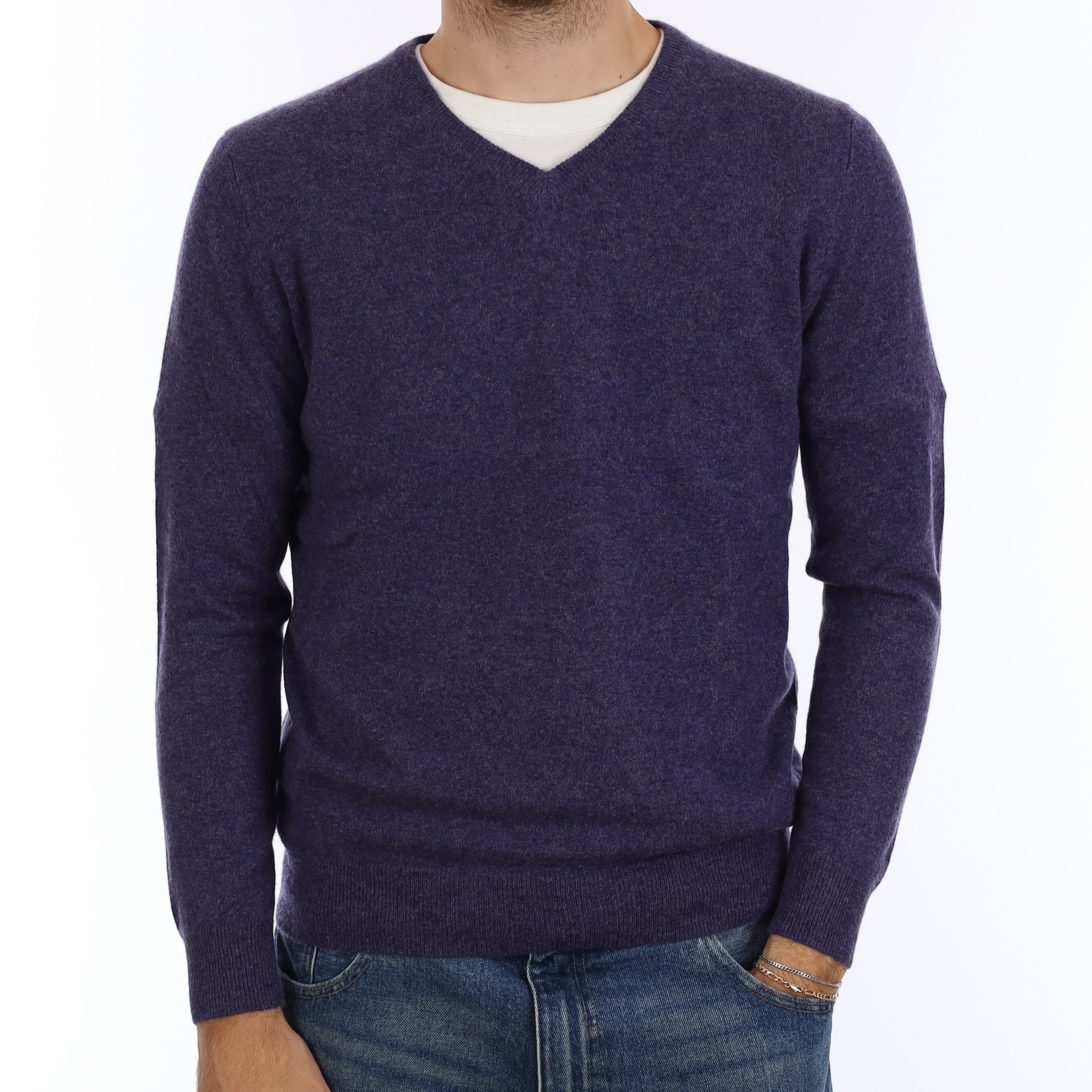 Men's Deep Amethyst Purple Cashmere V Neck Jumper Medium