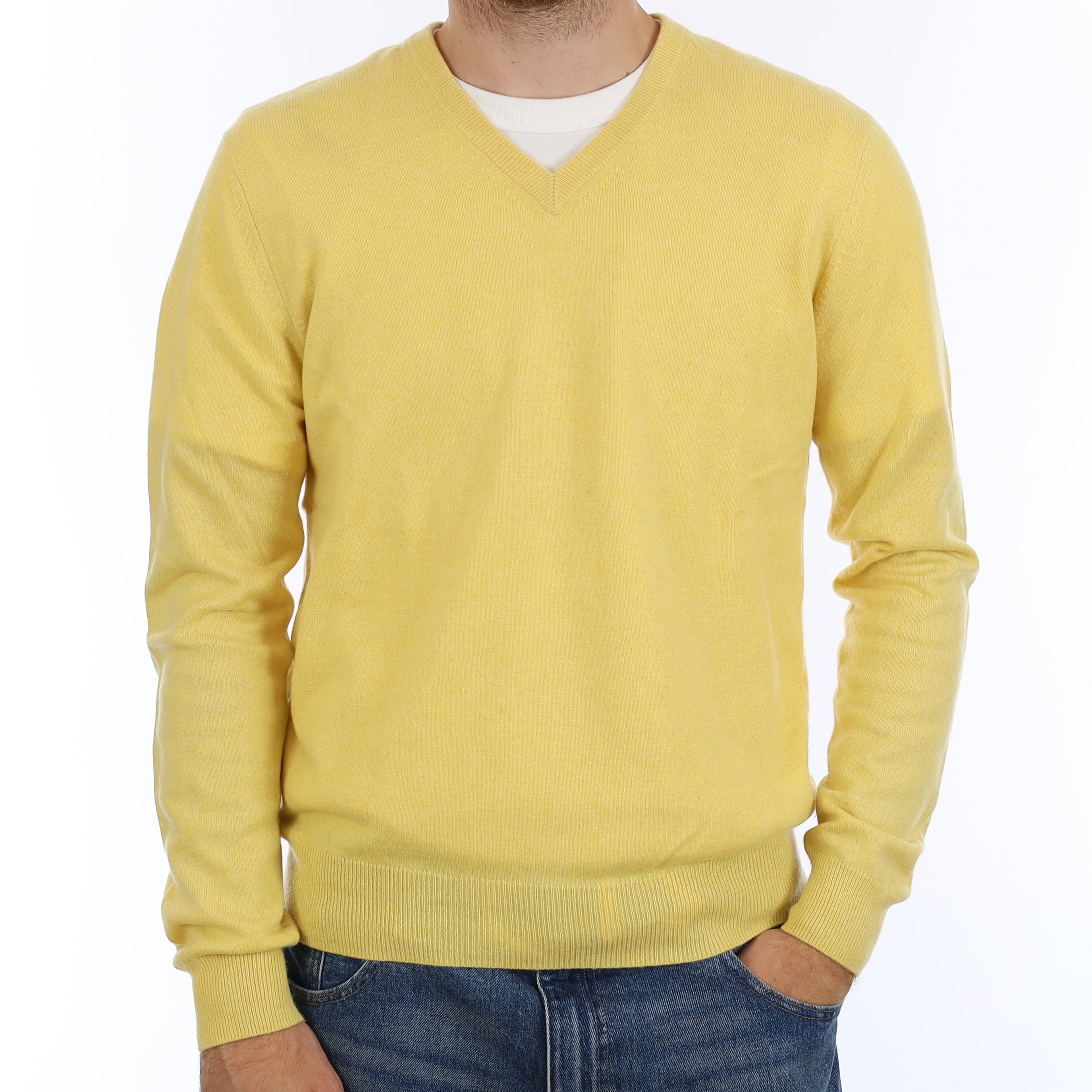 Men's Primrose Yellow Cashmere V Neck Jumper Medium