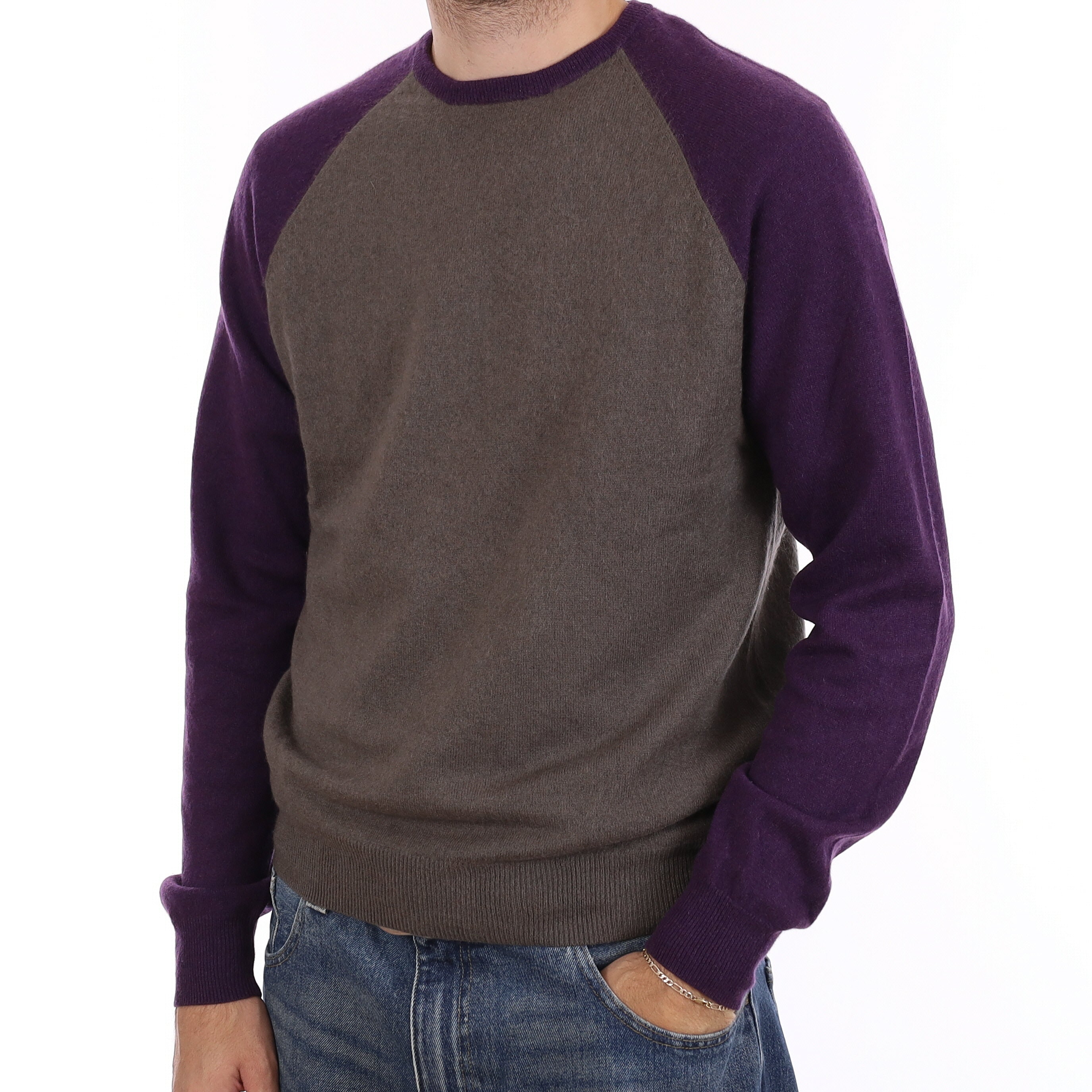 Men's Mocha & Iris Purple Cashmere Crew Neck Jumper Medium