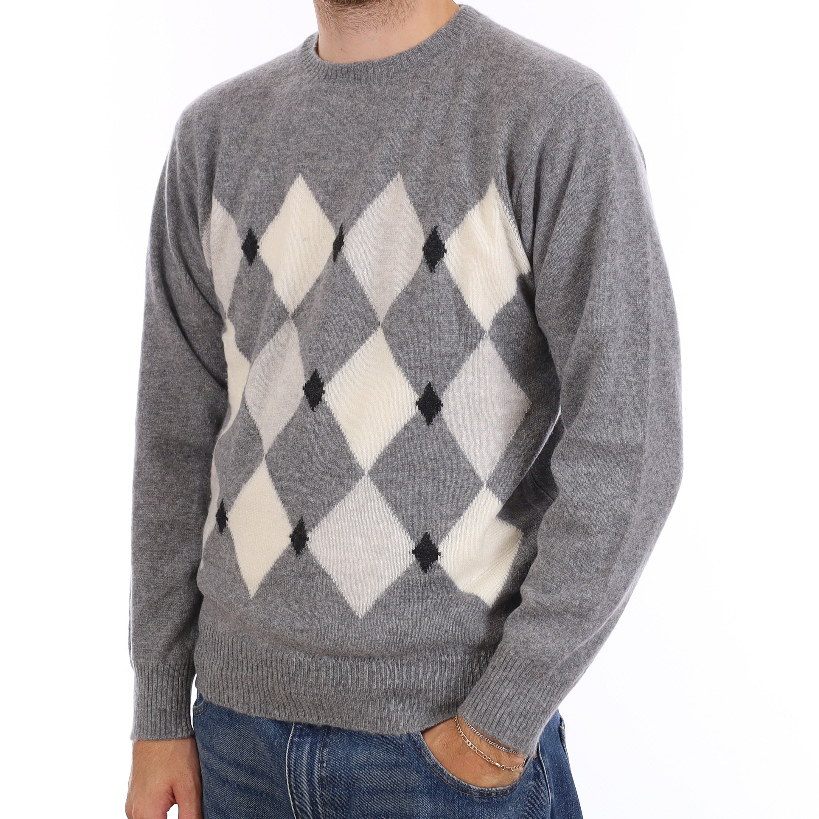 Men's Grey Diamond Cashmere Crew Neck Jumper Medium
